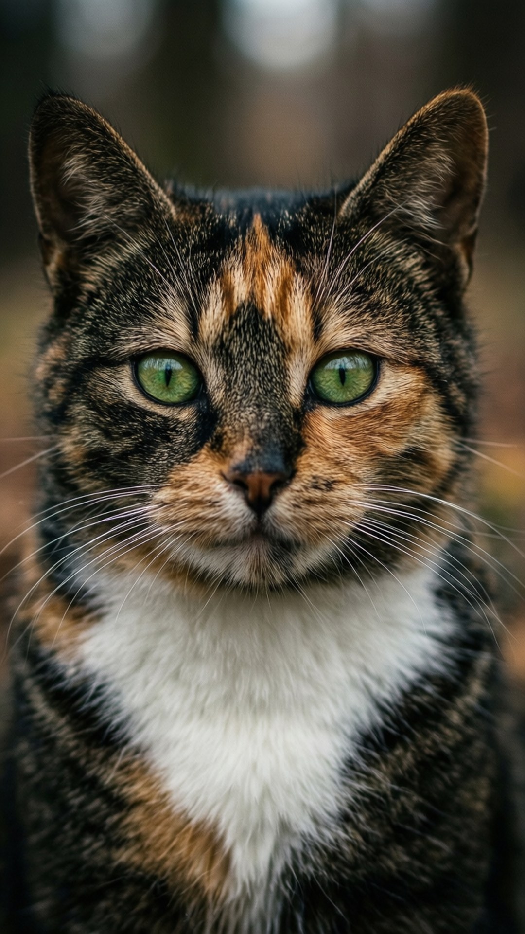 一隻三色貓，綠色眼睛和白色胸部，直視觀眾。