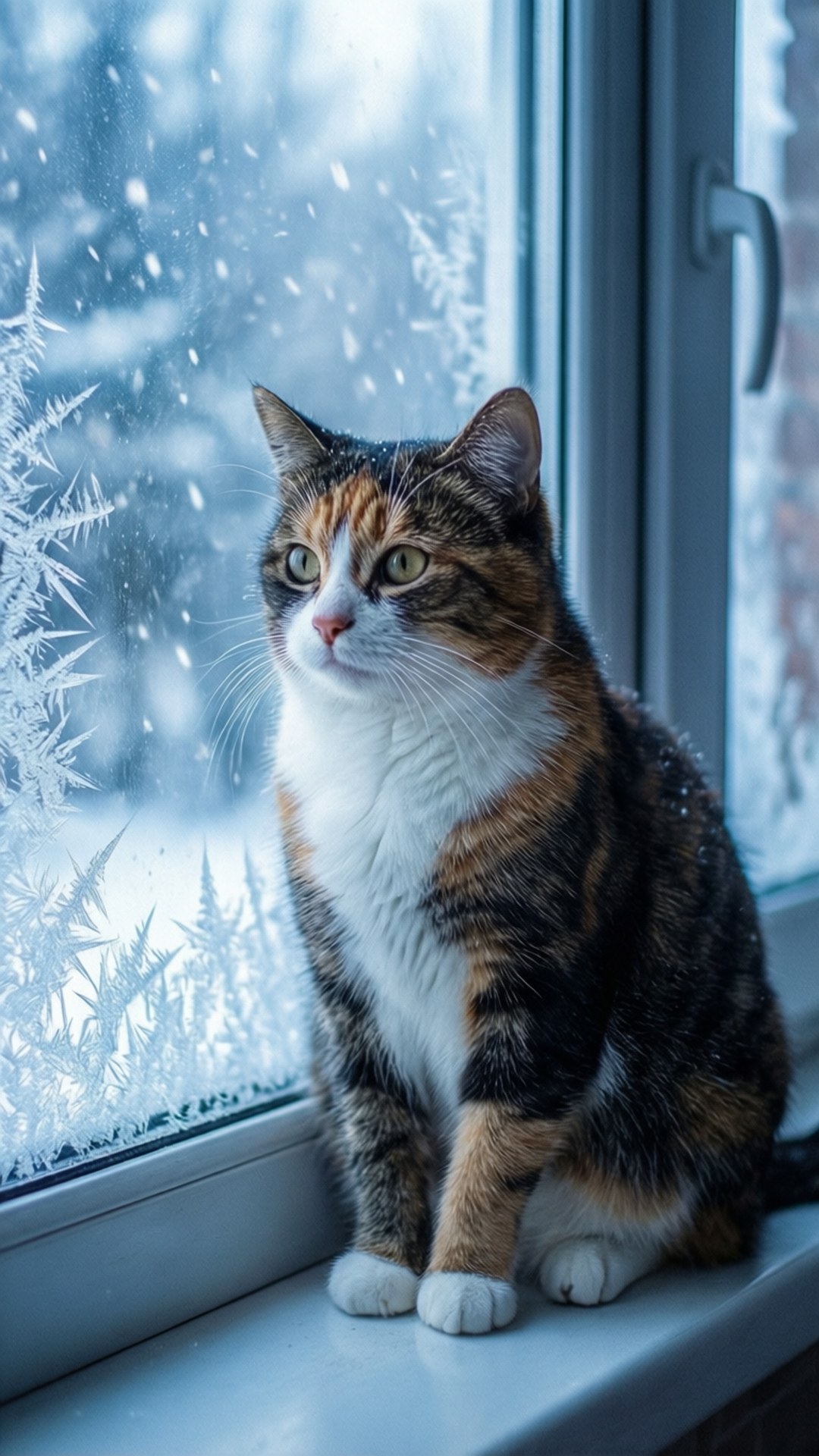 三色貓透過結霜的窗戶看雪飄落