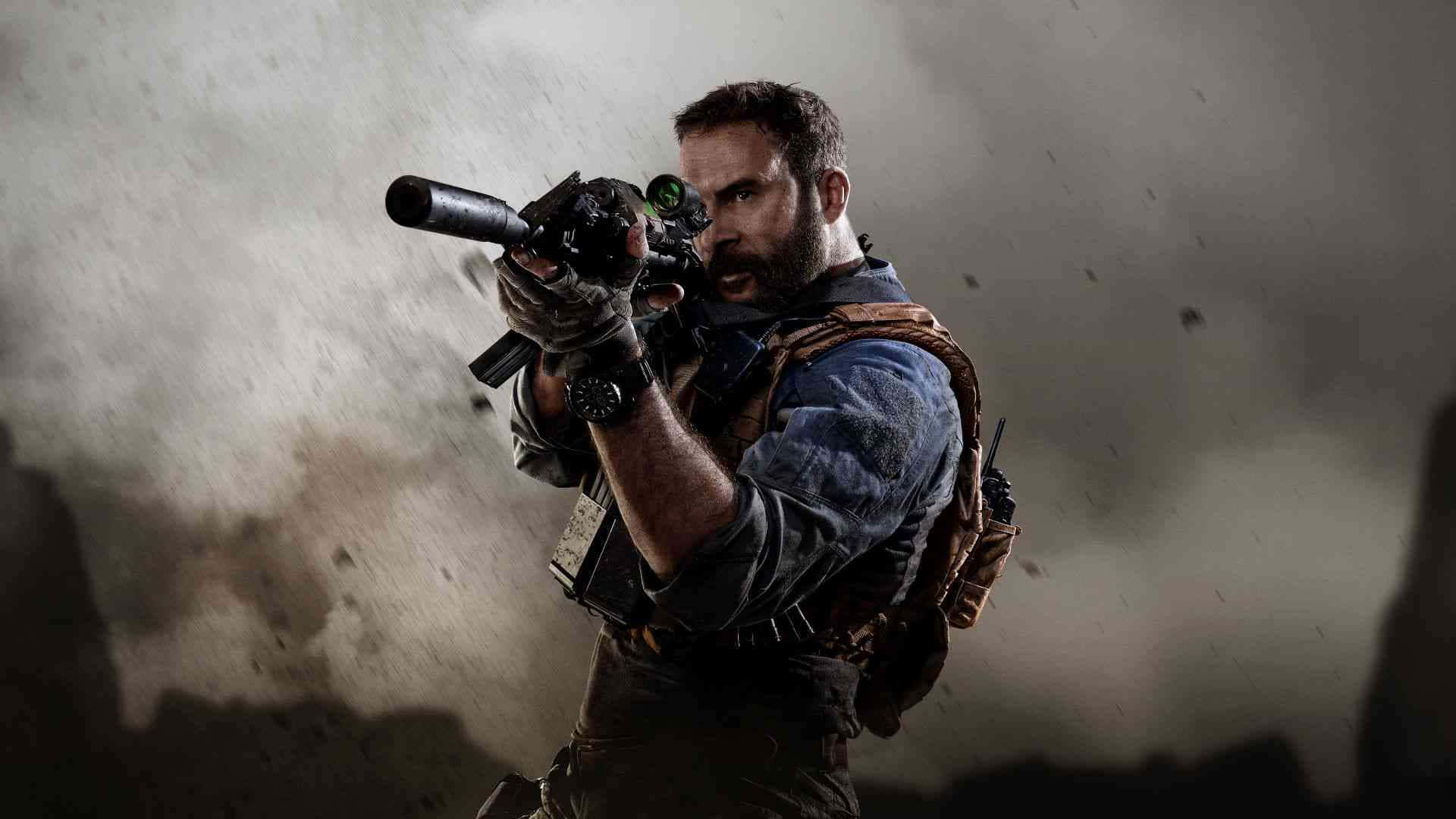 一名身穿戰鬥裝備的士兵透過煙霧瞄準步槍。