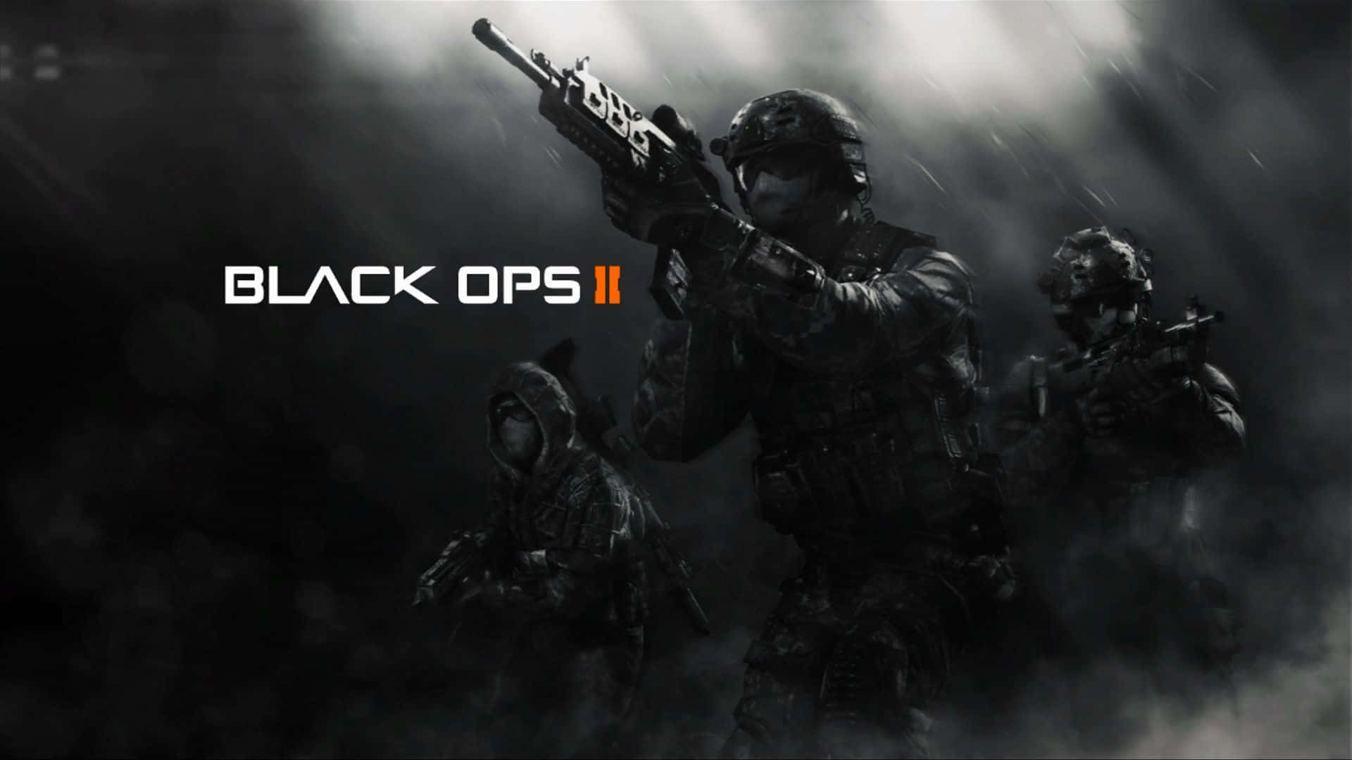 Call Of Duty Black Ops 2 電子遊戲主機版 壁紙 — 三名身穿戰術裝備的士兵在黑暗的戰場場景中，於戲劇性燈光下穿過煙霧和雨水前進。