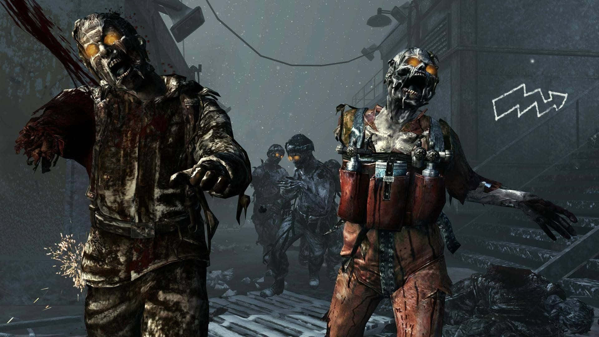 Call Of Duty Black Ops 2 僵屍反派 壁紙 — 兩個怪誕的喪屍士兵，眼睛發光，裝備血跡斑斑，在廢棄的工業環境中威脅地前進。