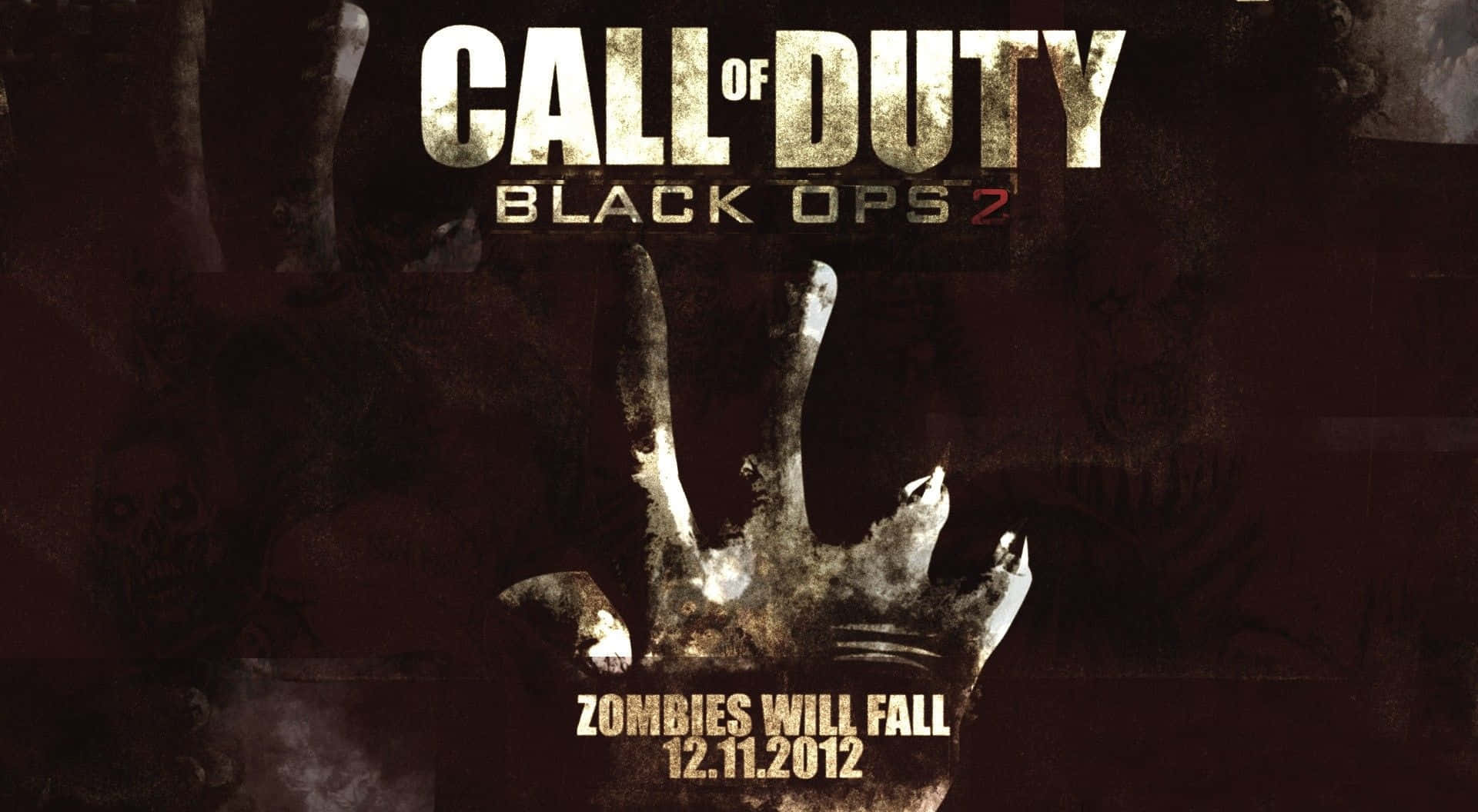 Call Of Duty Black Ops 2 遊戲海報 壁紙 — 一個粗糙的深色手印圖形，用於 Call of Duty Black Ops 2，帶有殭屍將倒下的文字。