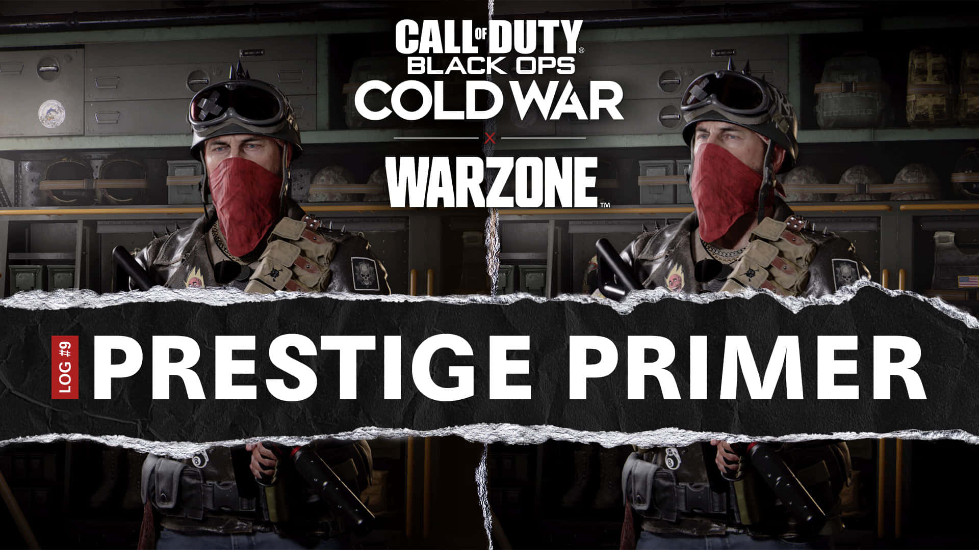 《Call of Duty: Black Ops Cold War》冷戰特典篇 壁紙 — 兩名身穿戰術裝備、戴著紅色面具的士兵站在一個昏暗的軍事儲藏室裡，身後是一面寫著 Prestige Primer 的破損橫幅。