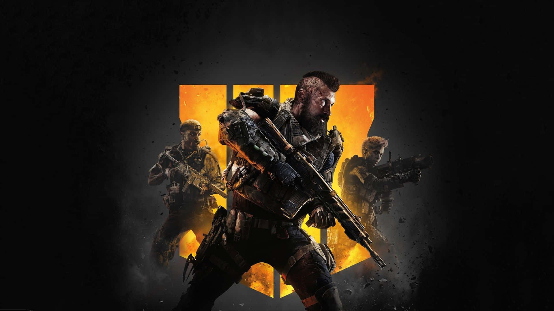 《Call of Duty Black Ops 4》4K 超高清遊戲中的激烈戰鬥 壁紙 — 三名身穿戰術裝備的士兵在黑暗煙霧中，準備好對抗發光的橙色盾牌標誌。