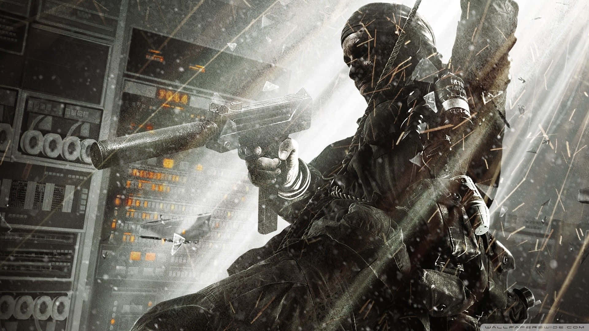 Call of Duty Black Ops 2 爆炸戰鬥 壁紙 — 一名身穿戰術裝備的士兵在一個粗糙的工業環境中發射衝鋒槍，背景有火花飛濺和發光的控制面板。