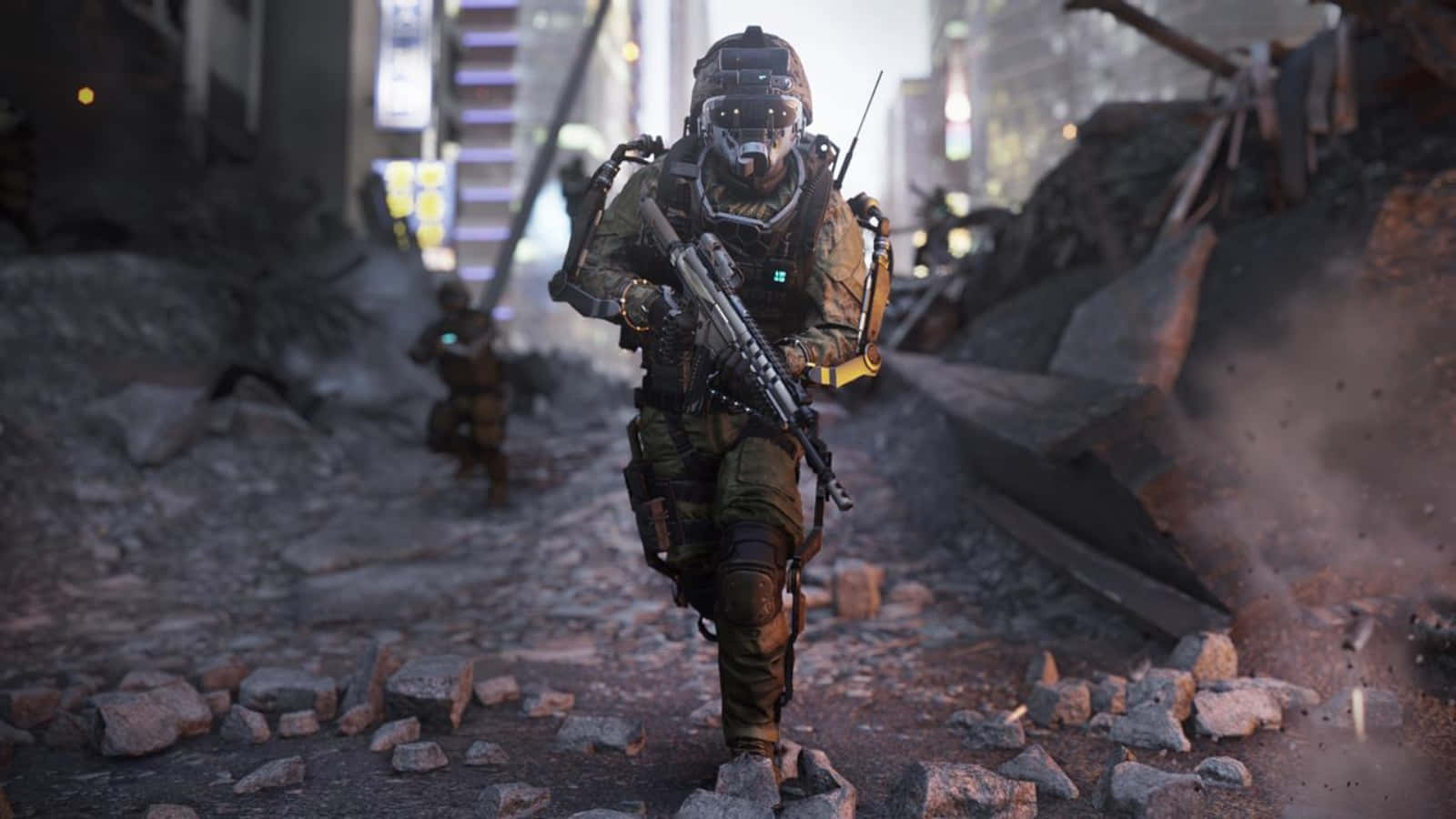 《Call of Duty》再創勝利 壁紙 — 一名身穿全副戰術裝備的士兵在煙霧和碎片旋轉的環境中，穿過佈滿瓦礫的城市戰場前進。