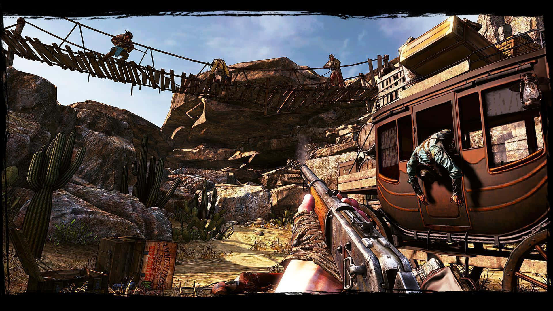 亡命之徒主題遊戲《Call of Juarez: Gunslinger》截圖 壁紙 — 第一人稱視角，玩家在岩石沙漠中瞄準繩橋上靠近生鏽驛馬車的強盜。