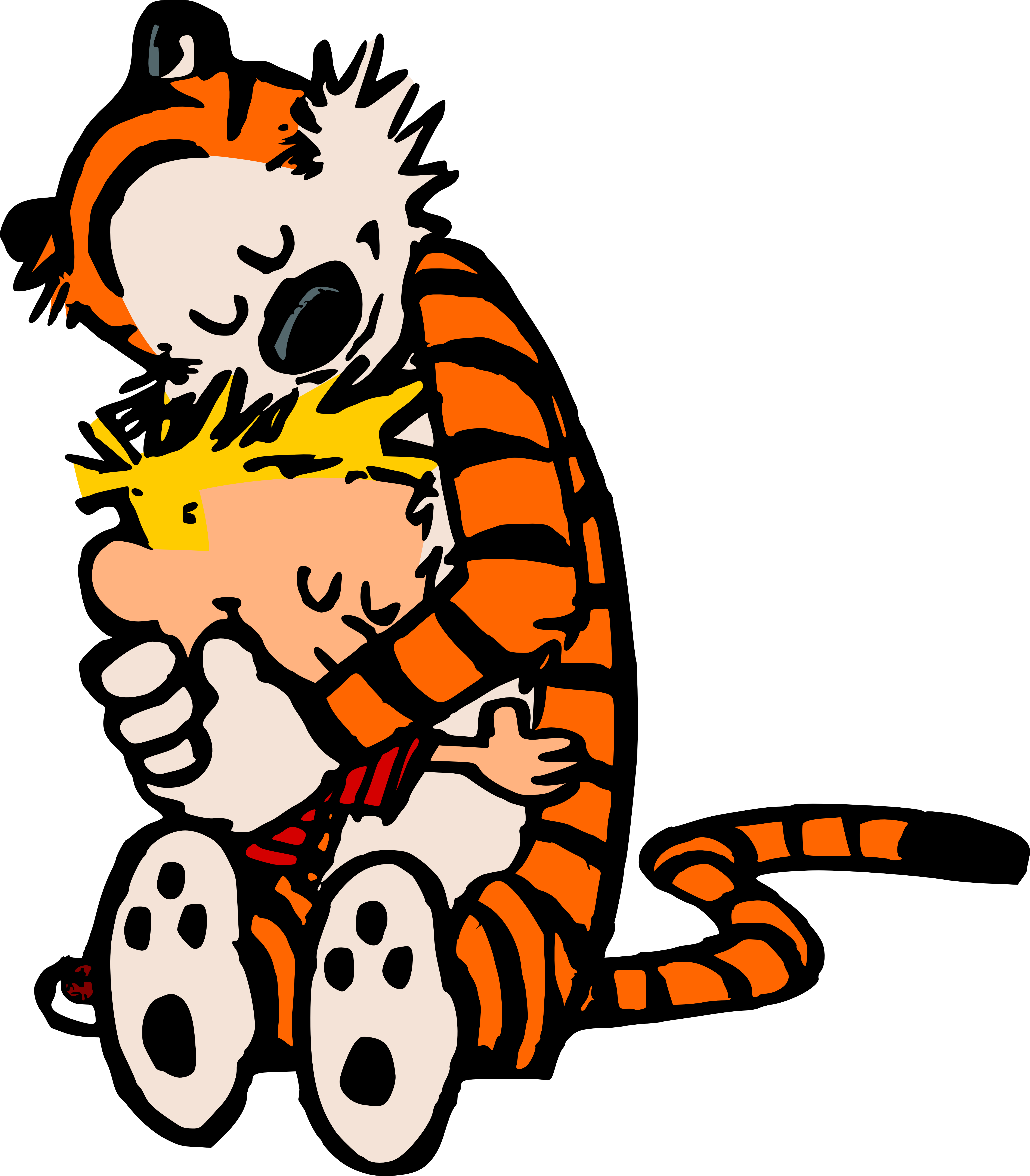 Calvin and Hobbes擁抱 壁紙 — 卡爾文和他的老虎朋友緊緊擁抱，溫暖的卡通風格，粗線條和鮮豔色彩。