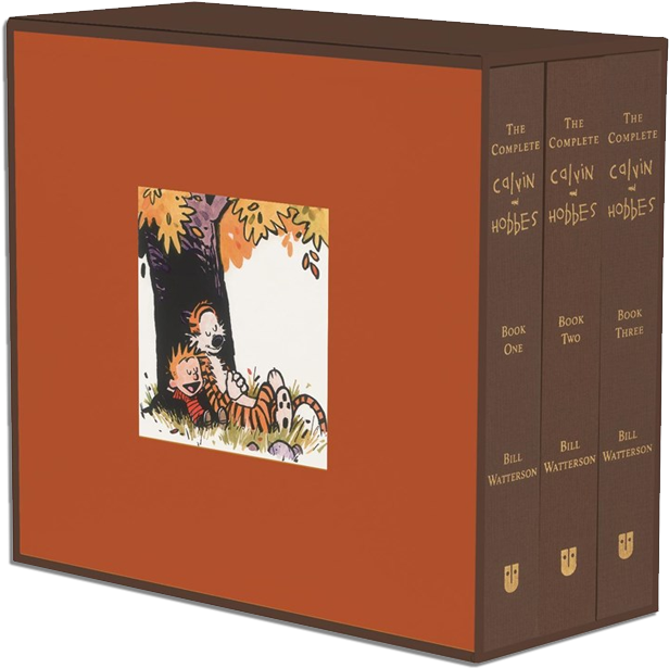 Calvin and Hobbes 完整收藏版 壁紙 — 三本名為《The Complete Calvin and Hobbes》的棕色精裝書直立著，封面插圖是卡爾文和霍布斯在樹下。