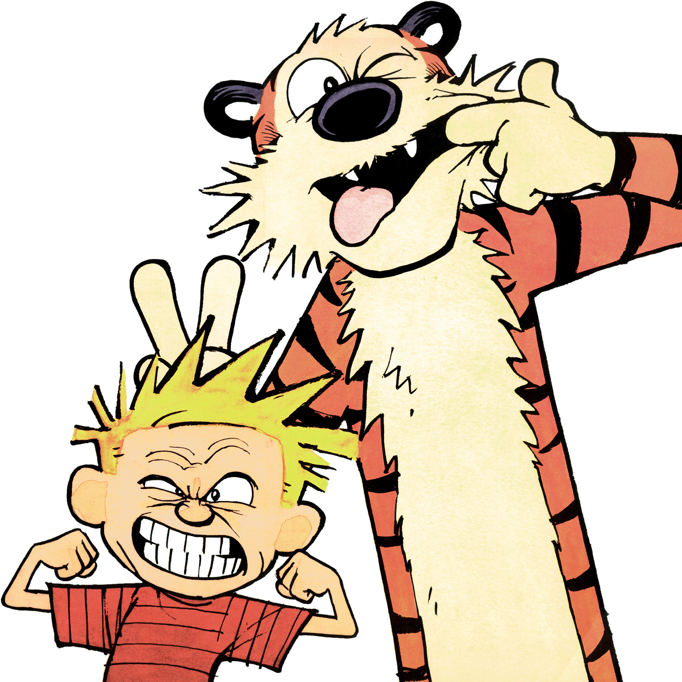 Calvin and Hobbes 的搗蛋小隊 壁紙 — 卡爾文和他的老虎朋友都在黑色背景前露出誇張的卡通表情，咧嘴大笑。
