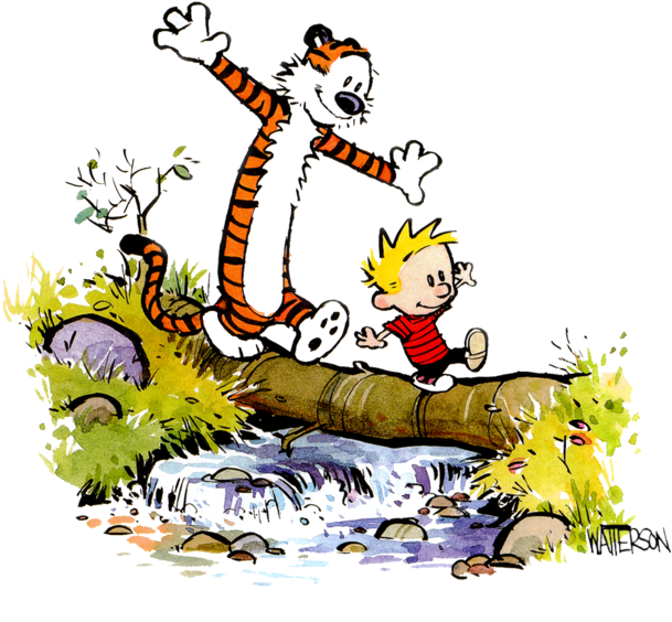 Calvin and Hobbes 高興躍過 壁紙 — 卡爾文和老虎在生動的卡通場景中，歡快地跳過湍急溪流上的一根圓木。