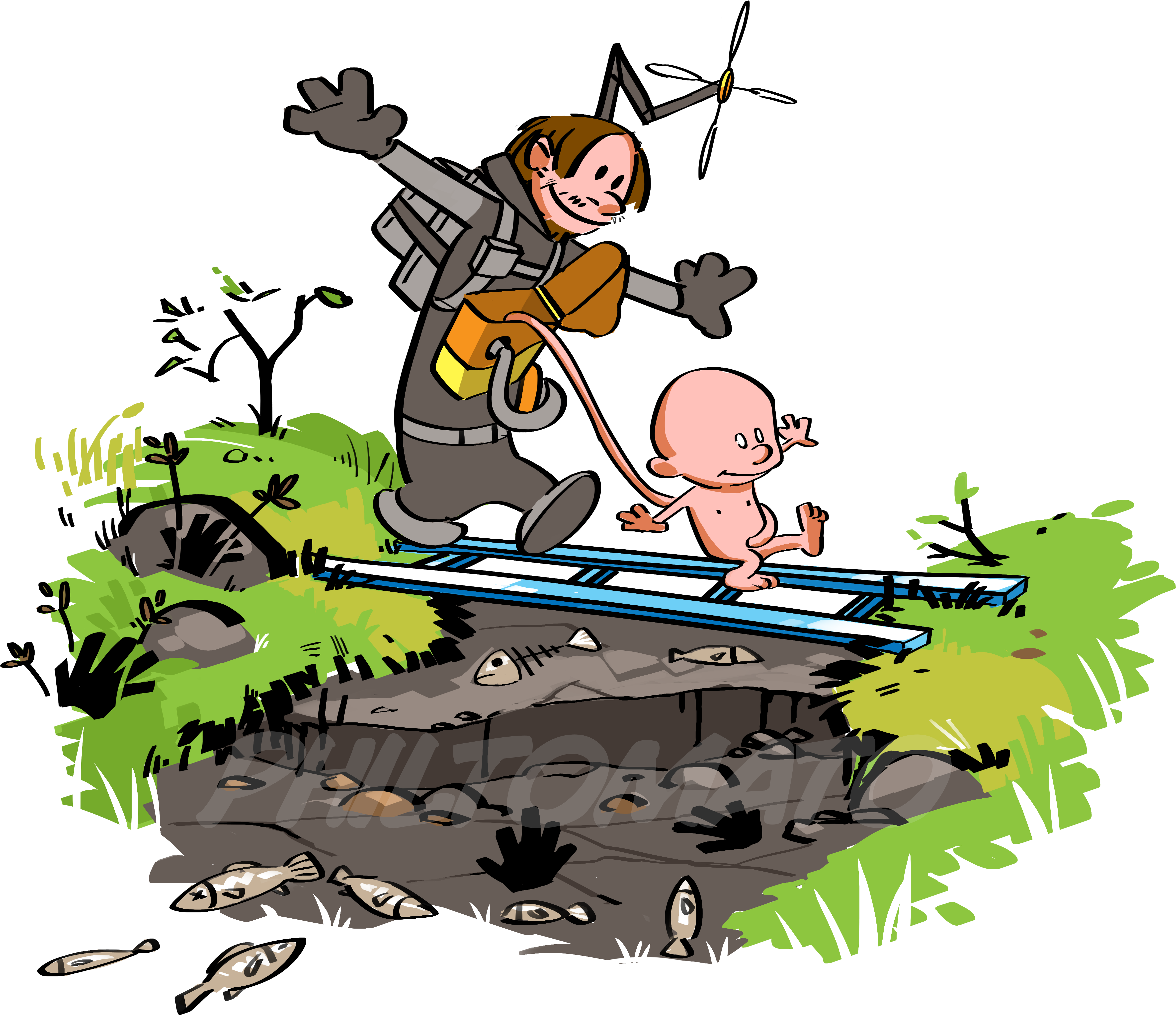 Calvin and Hobbes 的想像冒險 壁紙 — 一個卡通士兵帶著噴氣背包和軟管，追著一個裸體嬰兒穿過一條斷橋，橋下是一條充滿魚的溝渠。