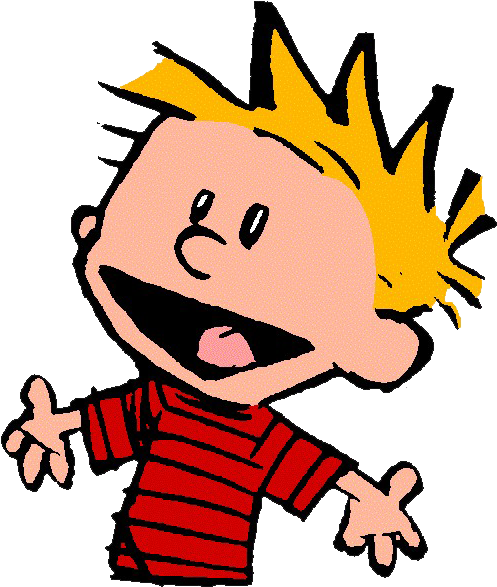 Calvin 開心表情 壁紙 — 一個開心的卡通男孩，有著尖刺的黃色頭髮和紅色條紋襯衫，在黑色背景上大笑。