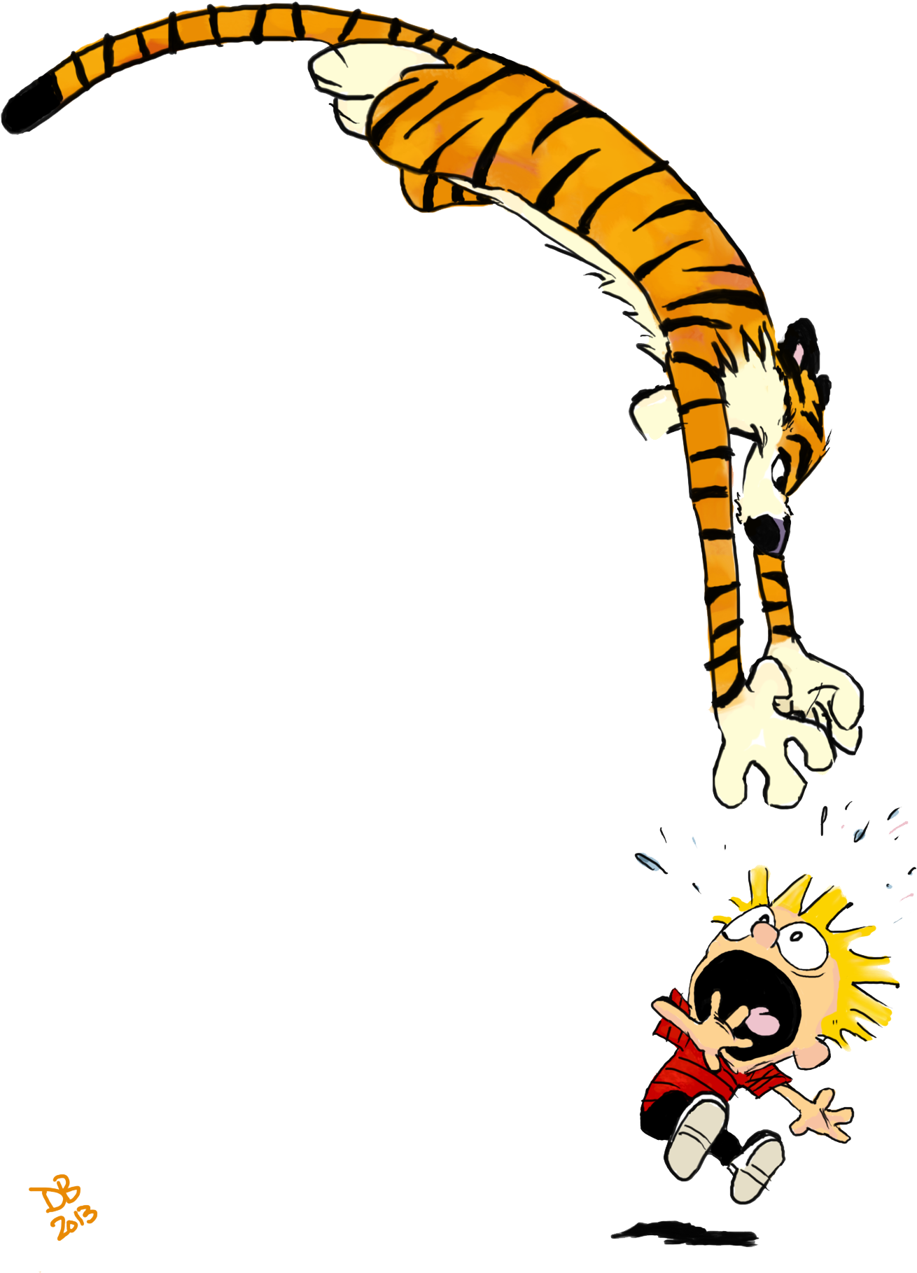 Calvin 與 Hobbes 空中嬉戲 壁紙 — 一隻卡通老虎向著一個黑色背景上、頭髮豎起的驚恐男孩撲下來。
