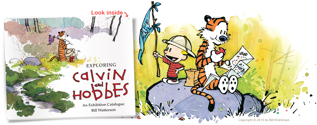 《探索 Calvin 與 Hobbes》展覽目錄封面 壁紙 — 卡爾文與霍布斯在色彩繽紛的水彩插圖中，帶著地圖和旗幟探索森林。