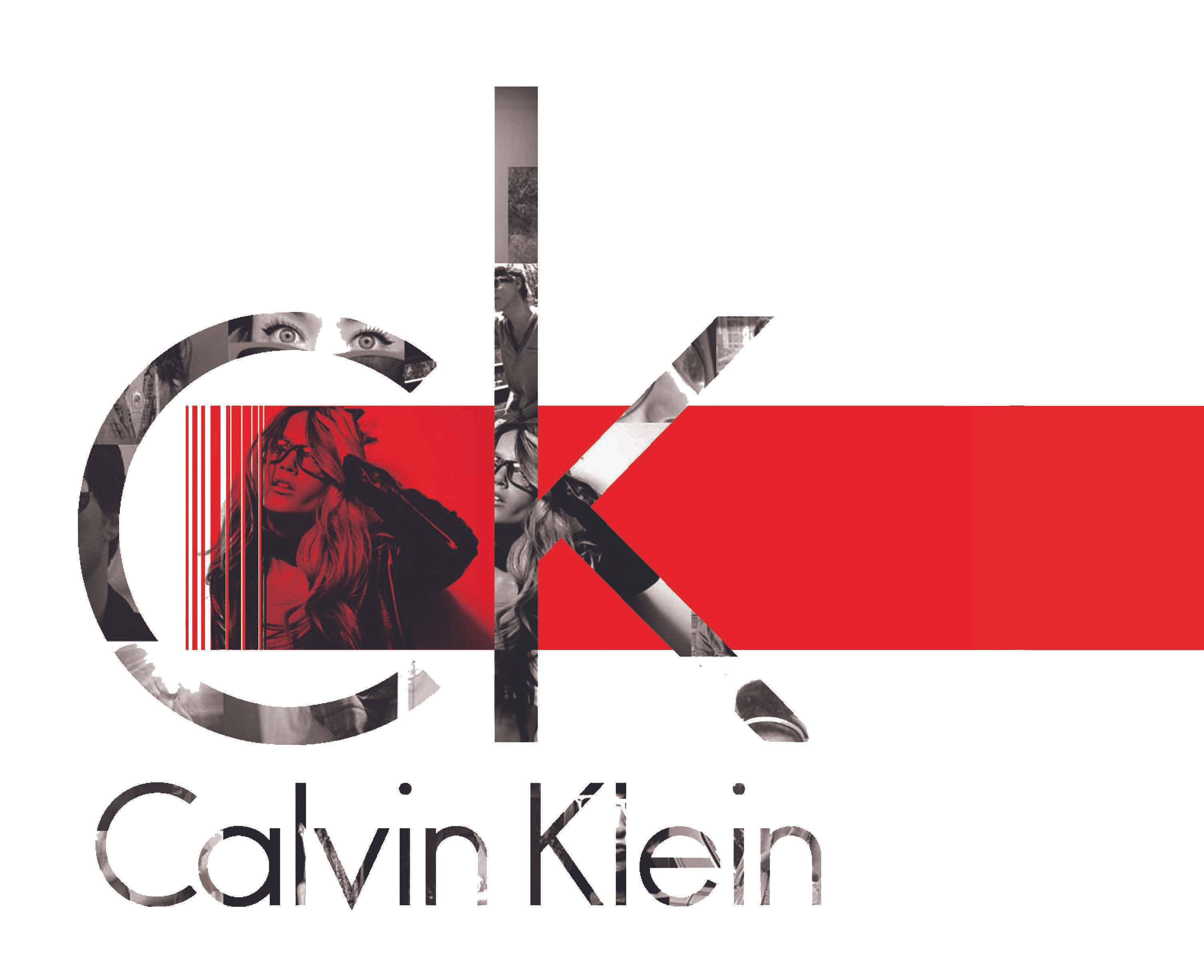 Calvin Klein標誌 壁紙 — 大膽的Calvin Klein標誌，搭配模特兒的碎片化黑白照片和醒目的紅色水平條紋。