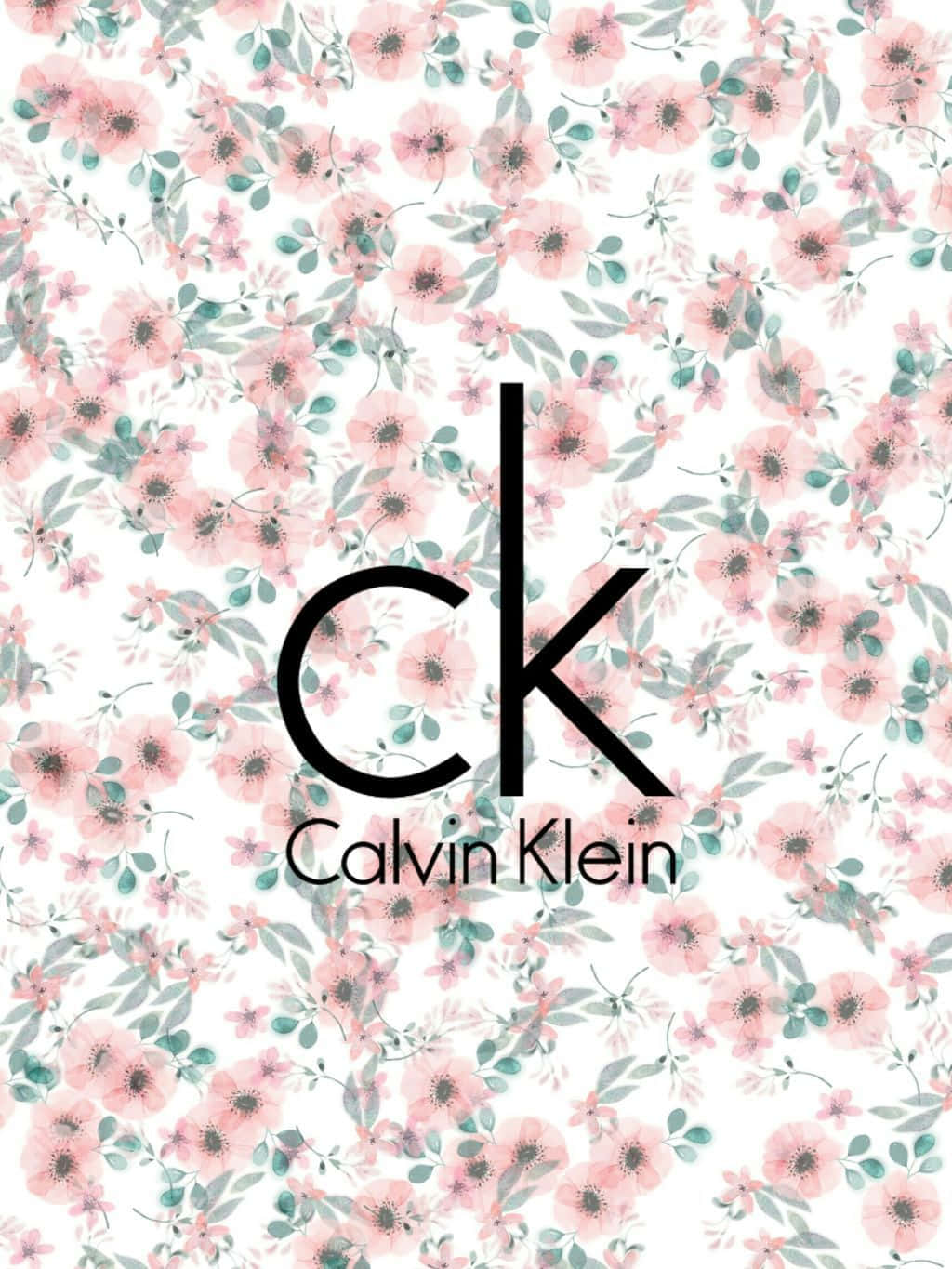 Calvin Klein經典品牌標誌 壁紙 — 粉紅和青綠花卉圖案，中央有Calvin Klein標誌，白色背景。