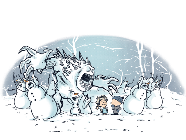 Calvin 與 Hobbes 雪人怪物 壁紙 — 兩個孩子在雪地森林中面對一個巨大的雪怪，雪人在旁觀看。