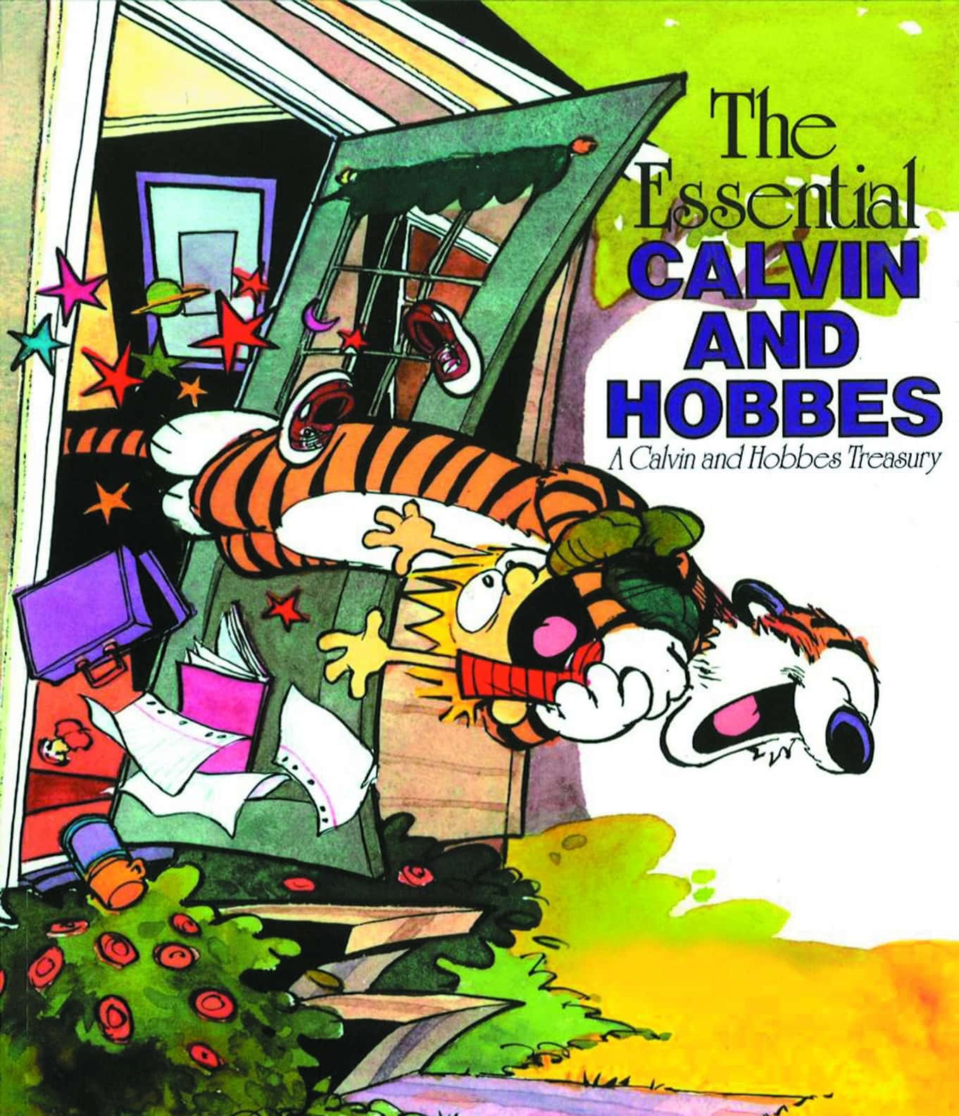 Calvin與Hobbes搞笑海報 壁紙 — 卡爾文和霍布斯衝破門口，在混亂的卡通動作中，有飛舞的星星和散落的紙張。