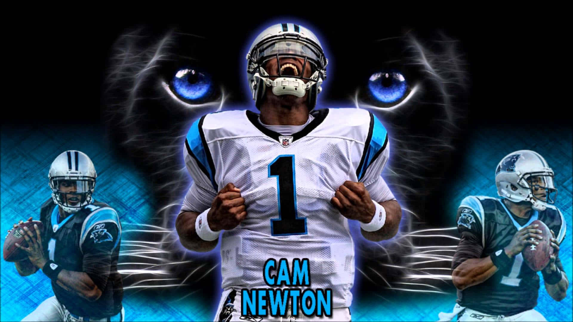 Cam Newton 黑豹 壁紙 — 一名身穿白色球衣、背號1的兇猛足球運動員向前咆哮，背後有發光的藍色眼睛注視著。