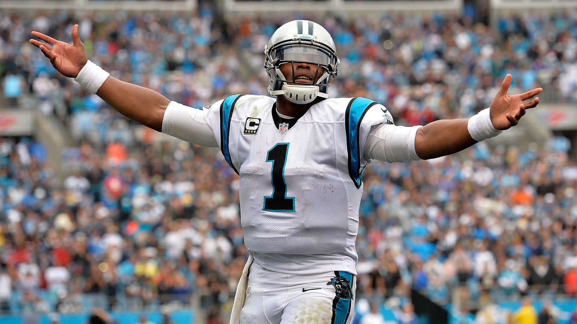 Cam Newton 獲勝慶祝 壁紙 — 卡羅萊納黑豹隊的四分衛身穿白色一號球衣，在陽光明媚的足球場上張開雙臂慶祝。