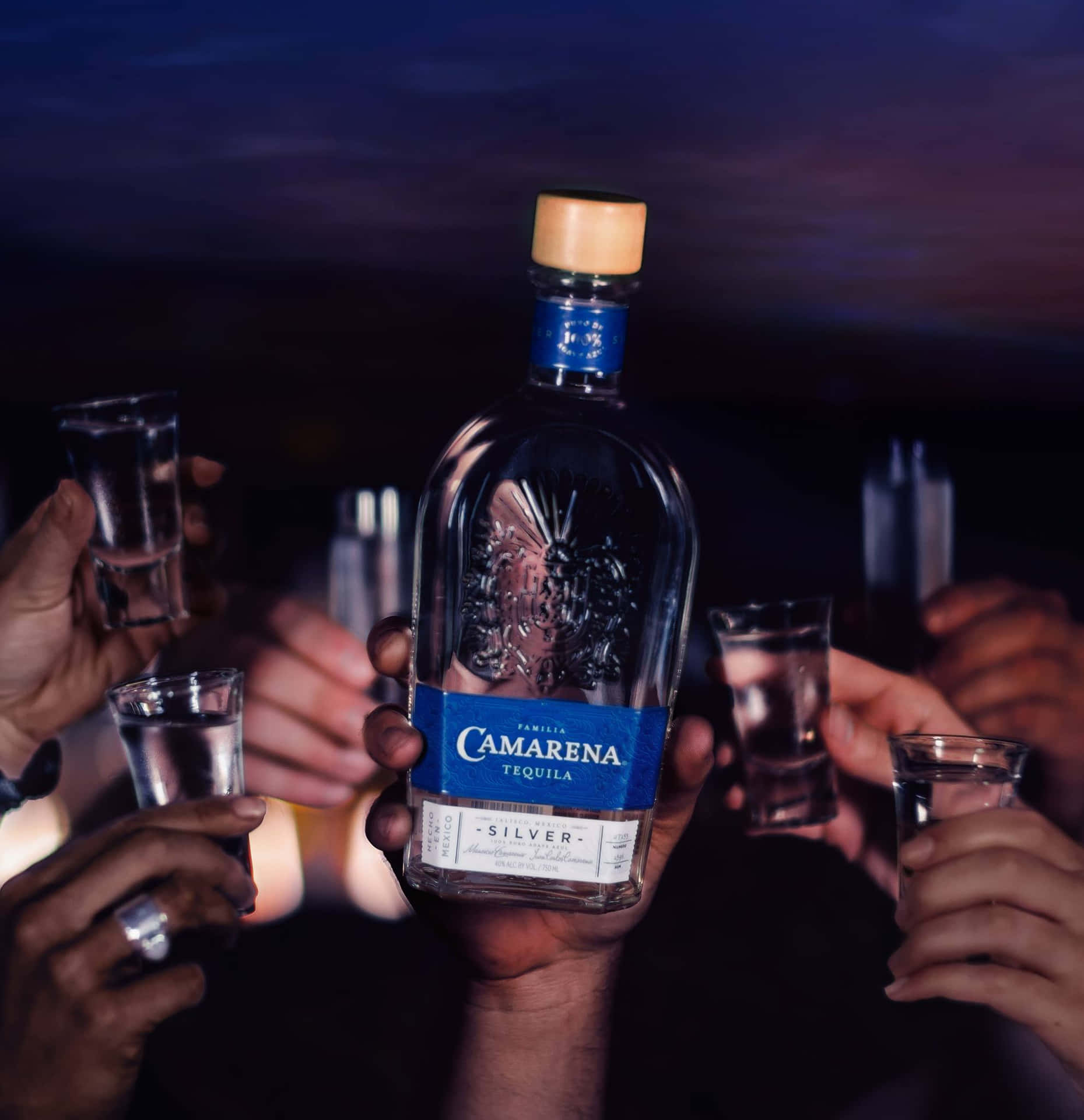 喺黑暗嘅派對氣氛中，一群人用龍舌蘭酒同支酒乾杯。