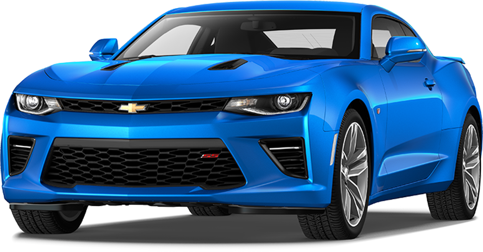 藍色雪佛蘭Camaro SS斜角視圖 壁紙 — 一輛充滿活力的藍色雪佛蘭Camaro SS跑車，線條流暢，造型激進，在工作室燈光下展示。
