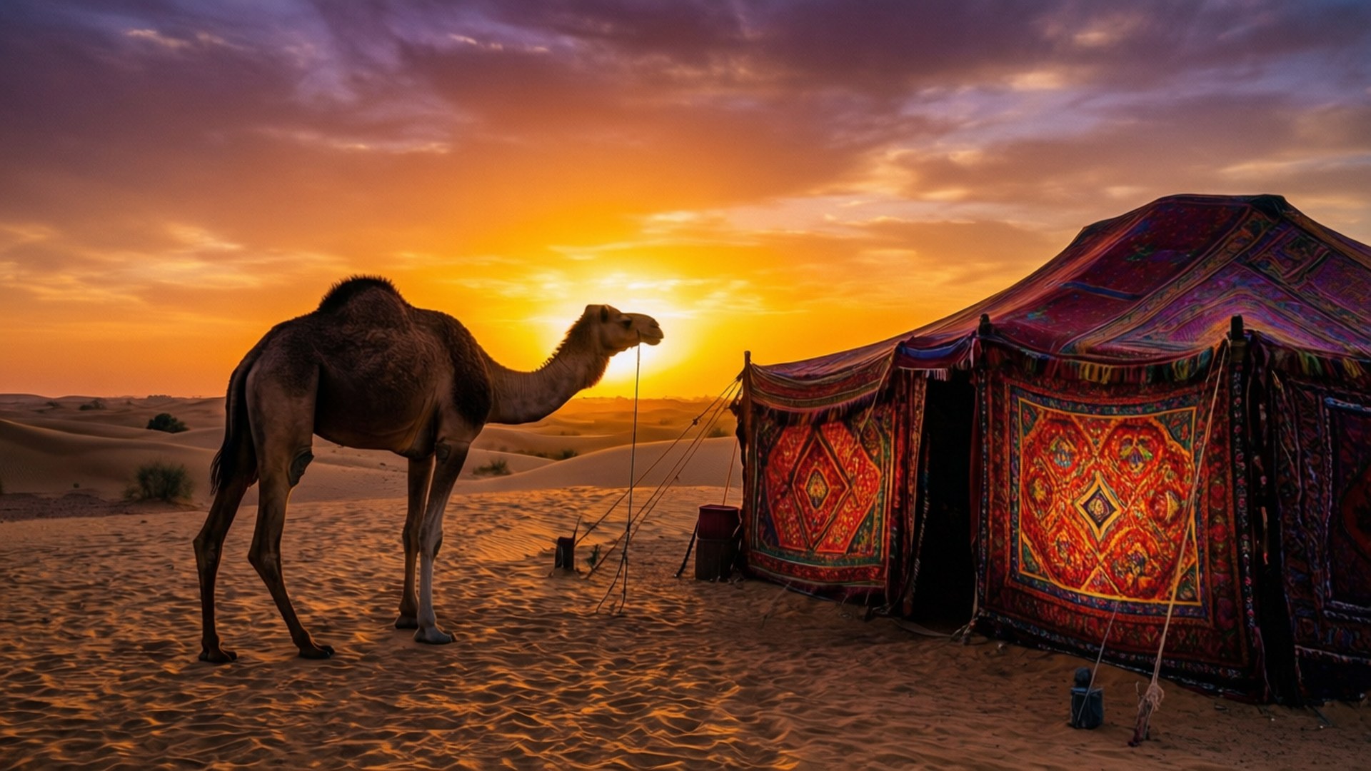 Jaisalmer Desert Festival 桌布 壁紙 — 一隻孤獨的駱駝站在沙漠中一個色彩繽紛的圖案帳篷旁邊，夕陽西下，溫暖的金色光芒灑落。