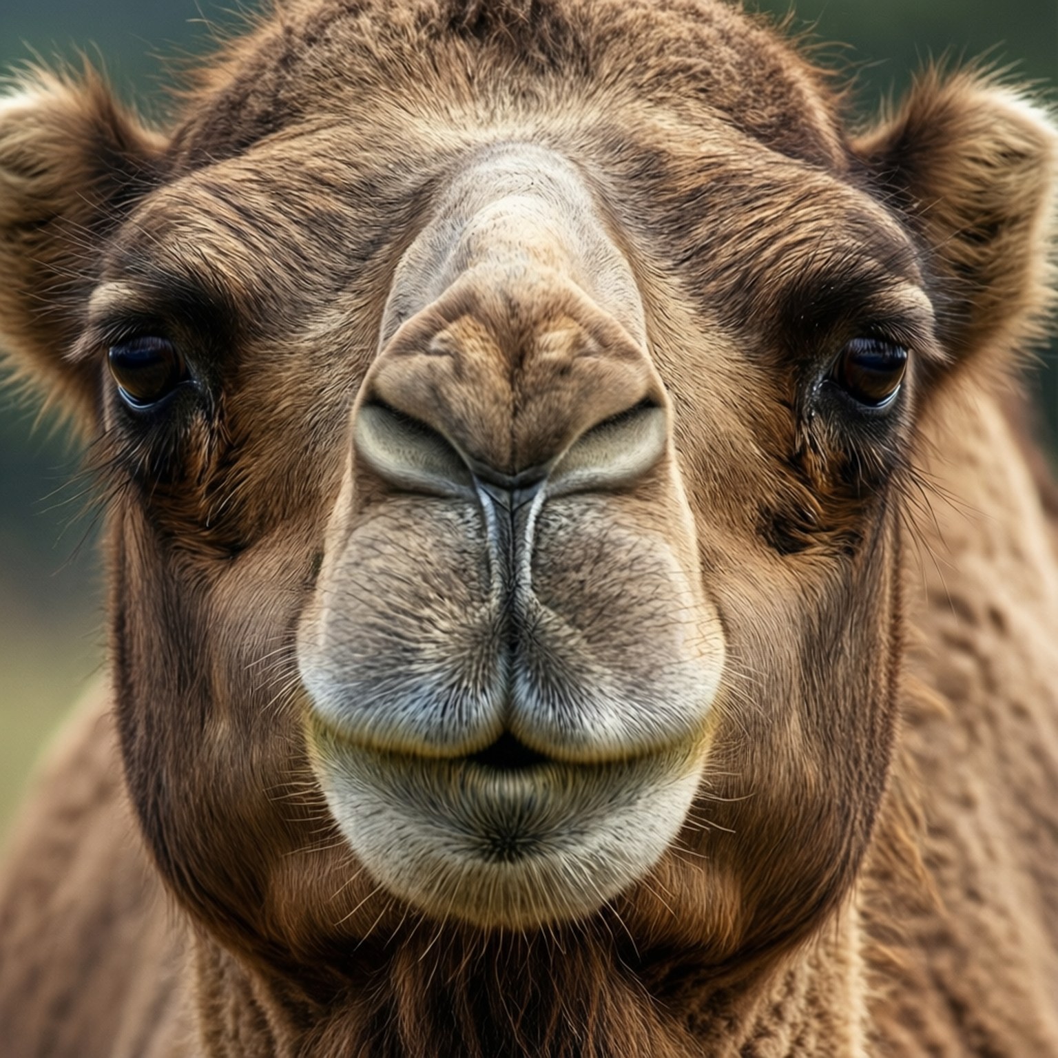 駱駝的臉部，有柔軟的棕色皮毛和溫柔的眼睛，看著鏡頭。