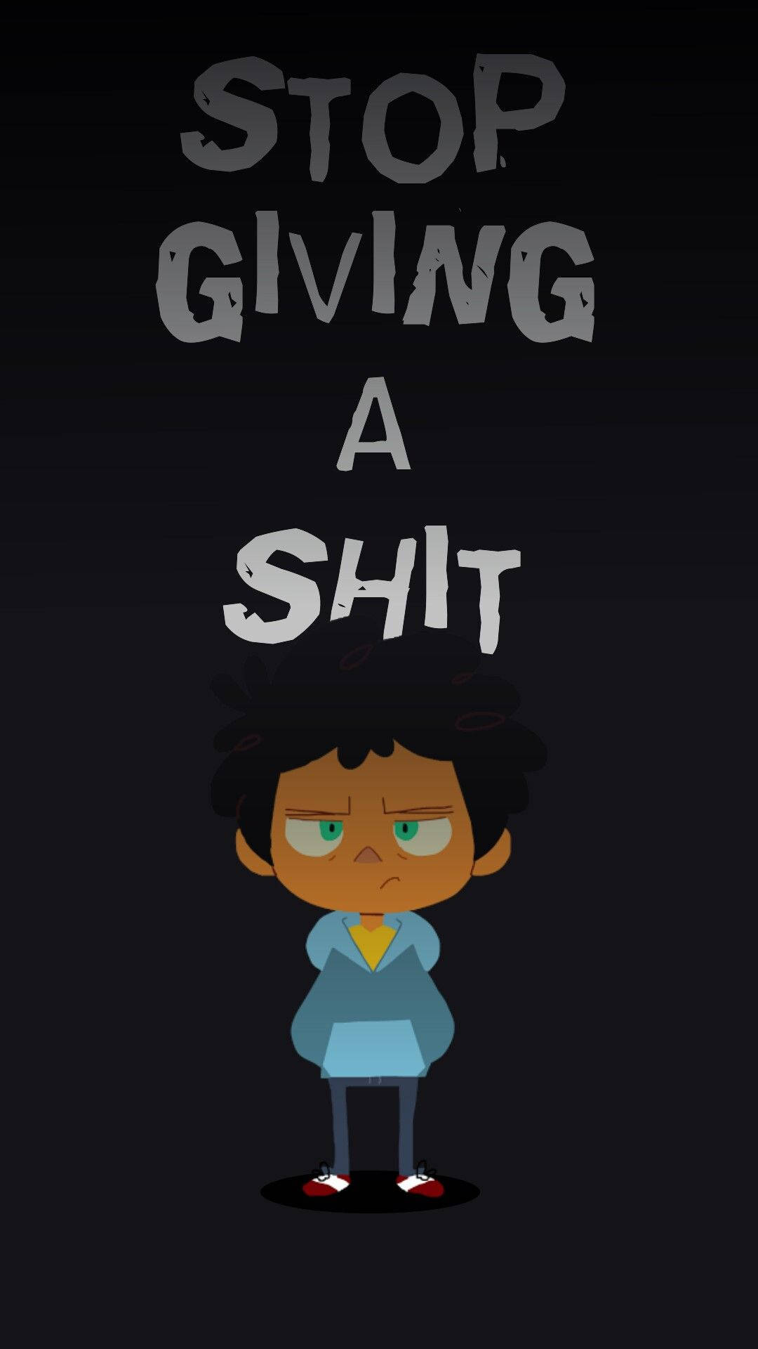綠色眼睛的卡通角色在「STOP GIVING A SHIT」文字下方