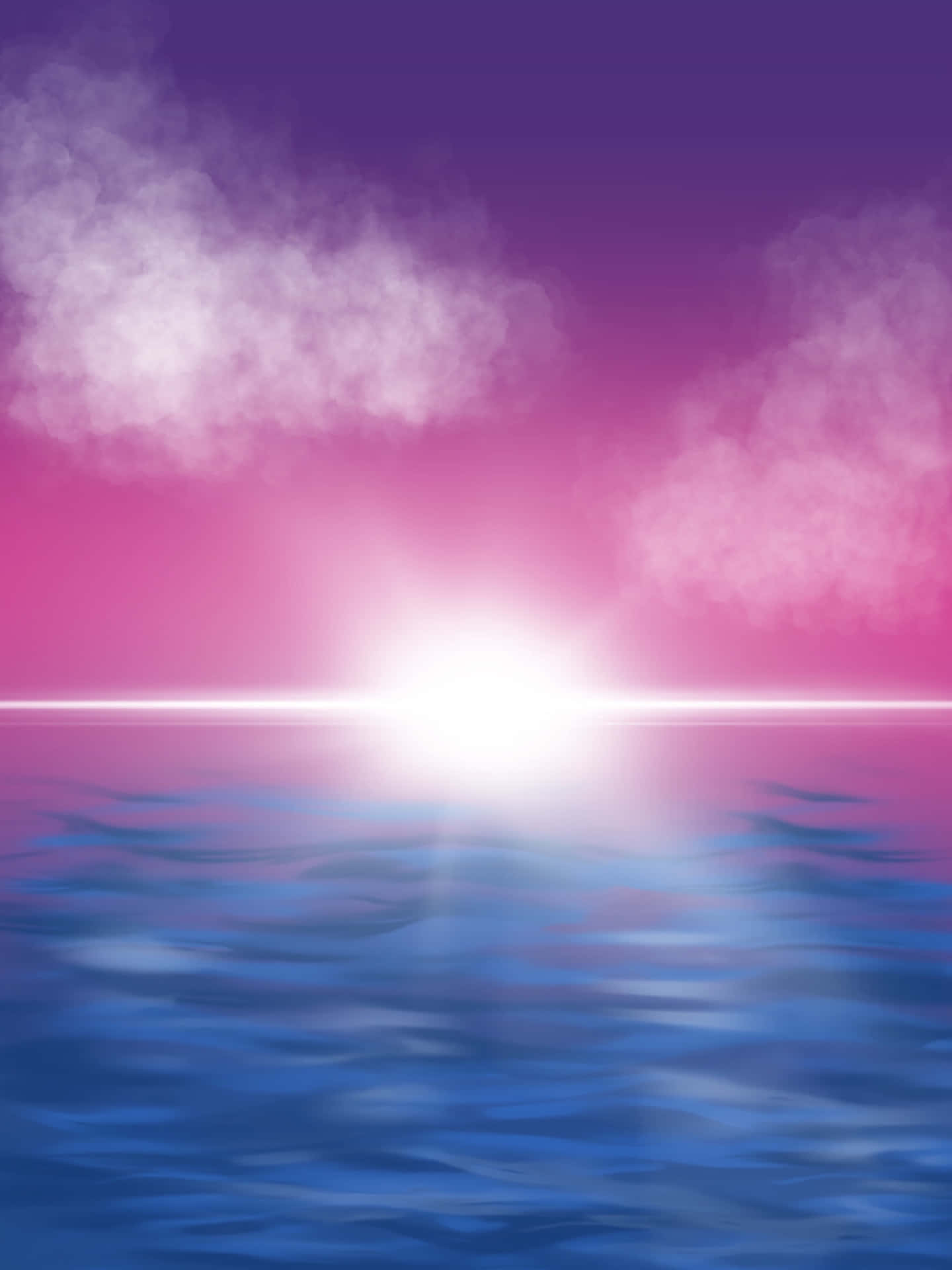 海洋上的日落，帶有粉紅、紫色和藍色的色調以及柔軟的雲朵