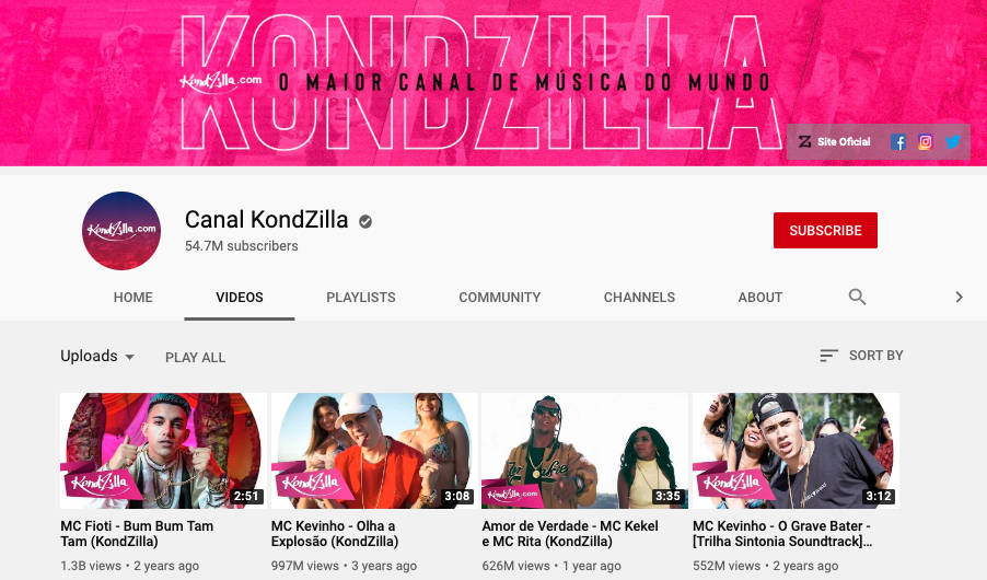 YouTube 音樂頻道 KondZilla，帶有粉紅色橫幅和影片縮圖。