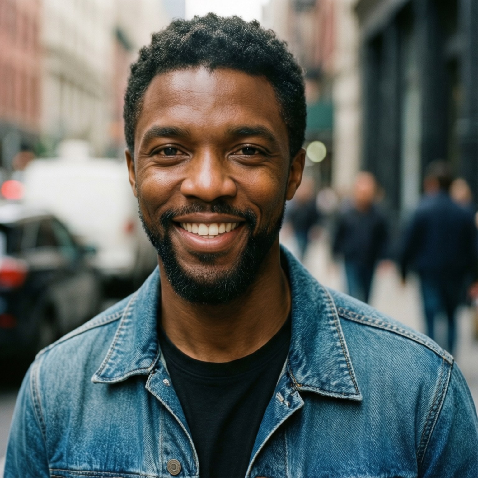 一位微笑的黑人男子留著鬍鬚，身穿牛仔外套站在城市街道上。