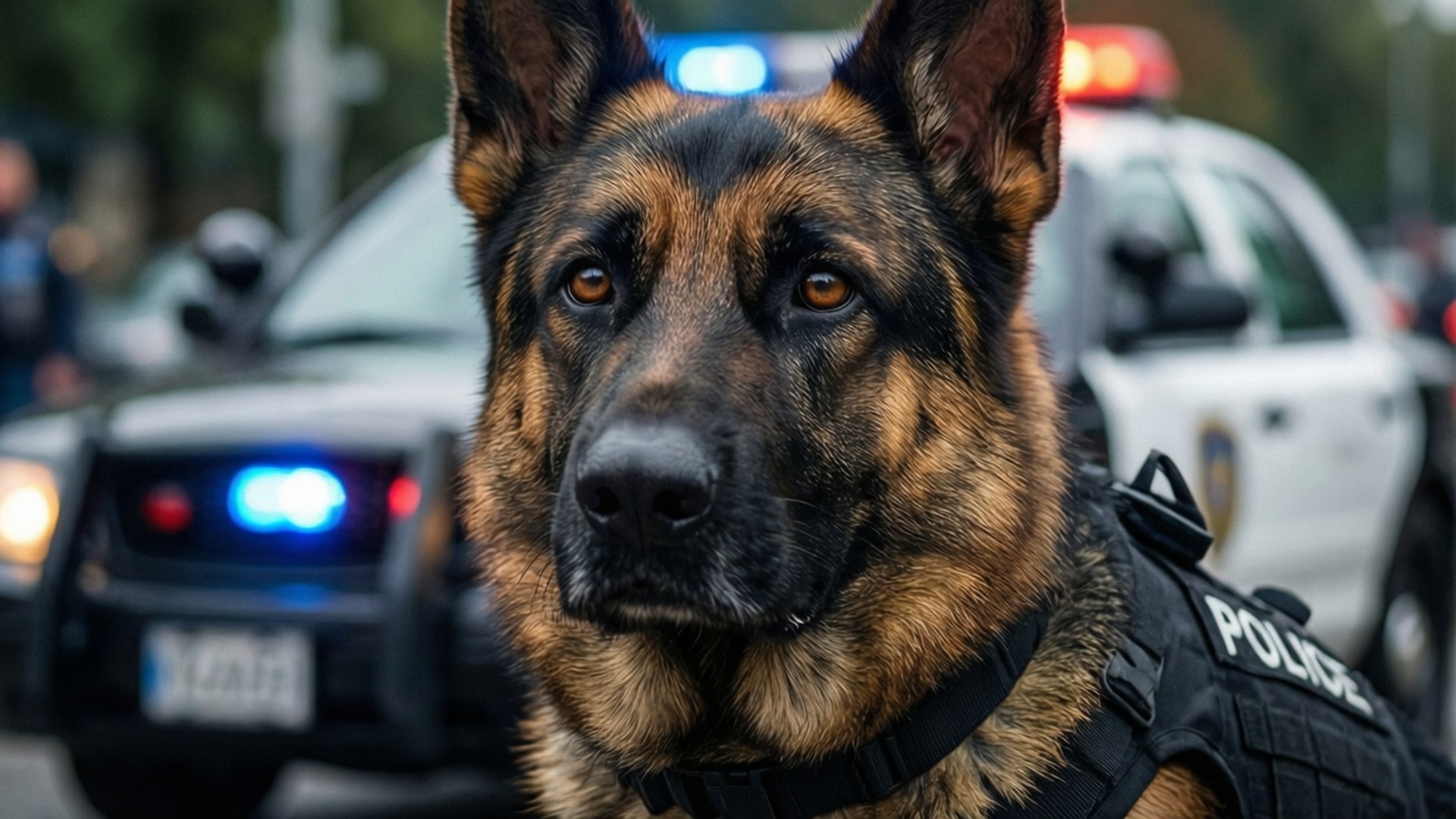 德國牧羊犬警犬穿著戰術背心，背後有閃爍的警燈。