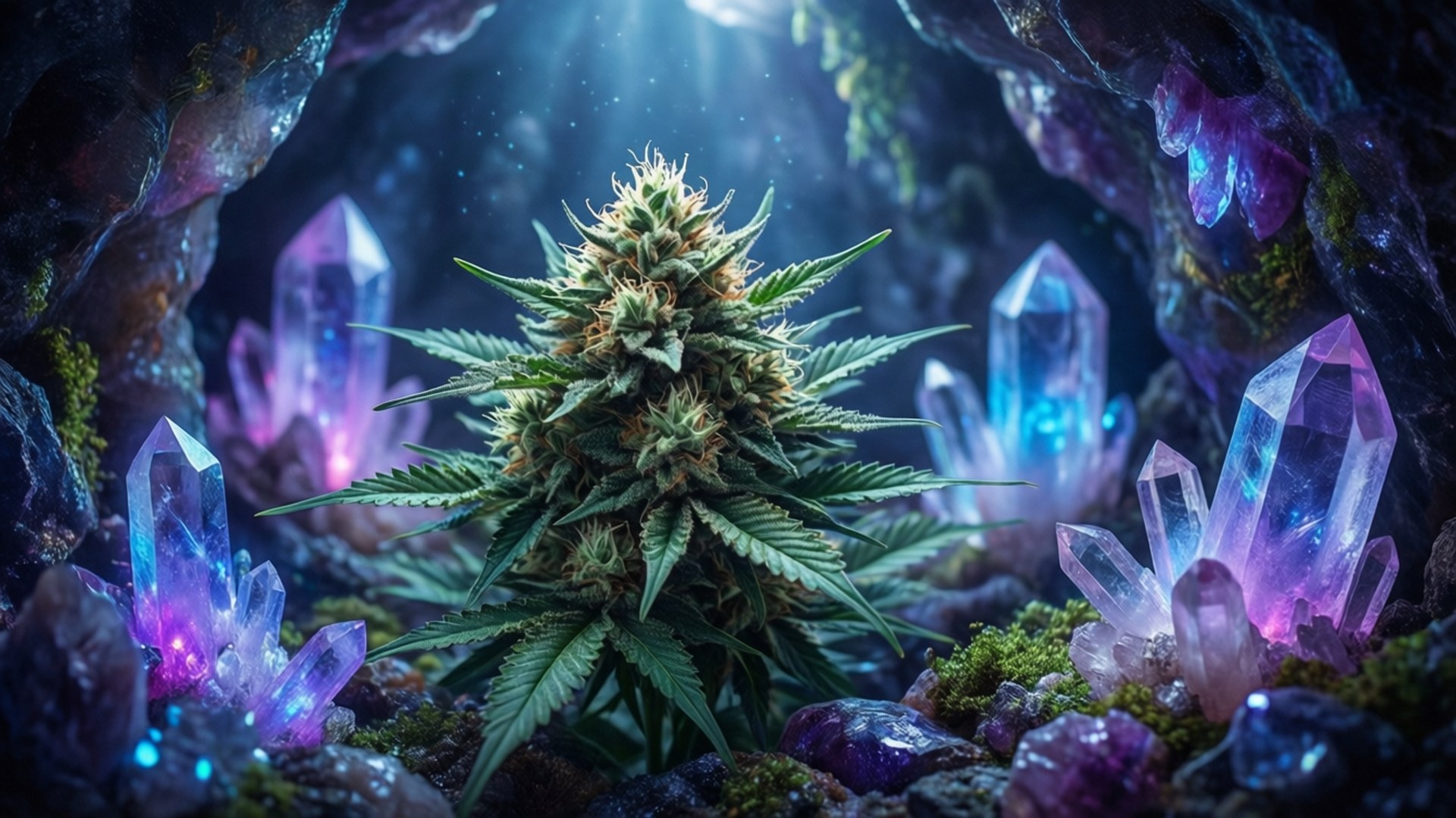 在黑暗的洞穴中，一株大麻植物被發光的紫色和藍色水晶環繞。