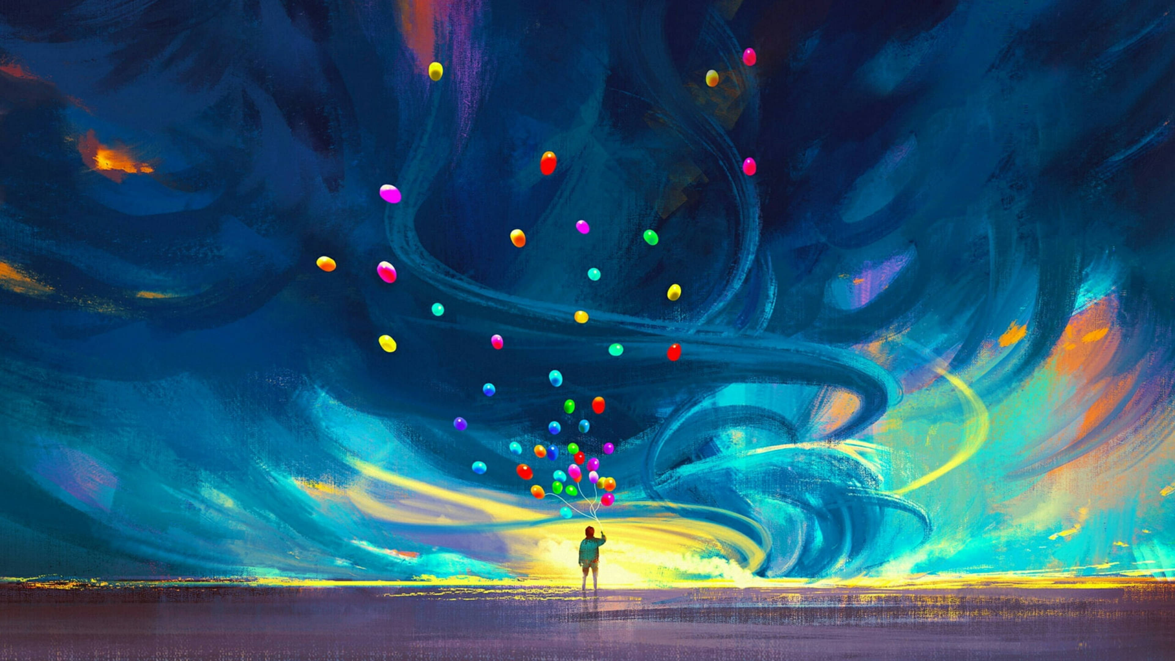 Canva 飛行氣球 壁紙 — 一個孤獨的身影站在廣闊的平原上，釋放出一連串色彩繽紛的氣球，飄向由深藍和發光黃色繪成的漩渦宇宙天空。