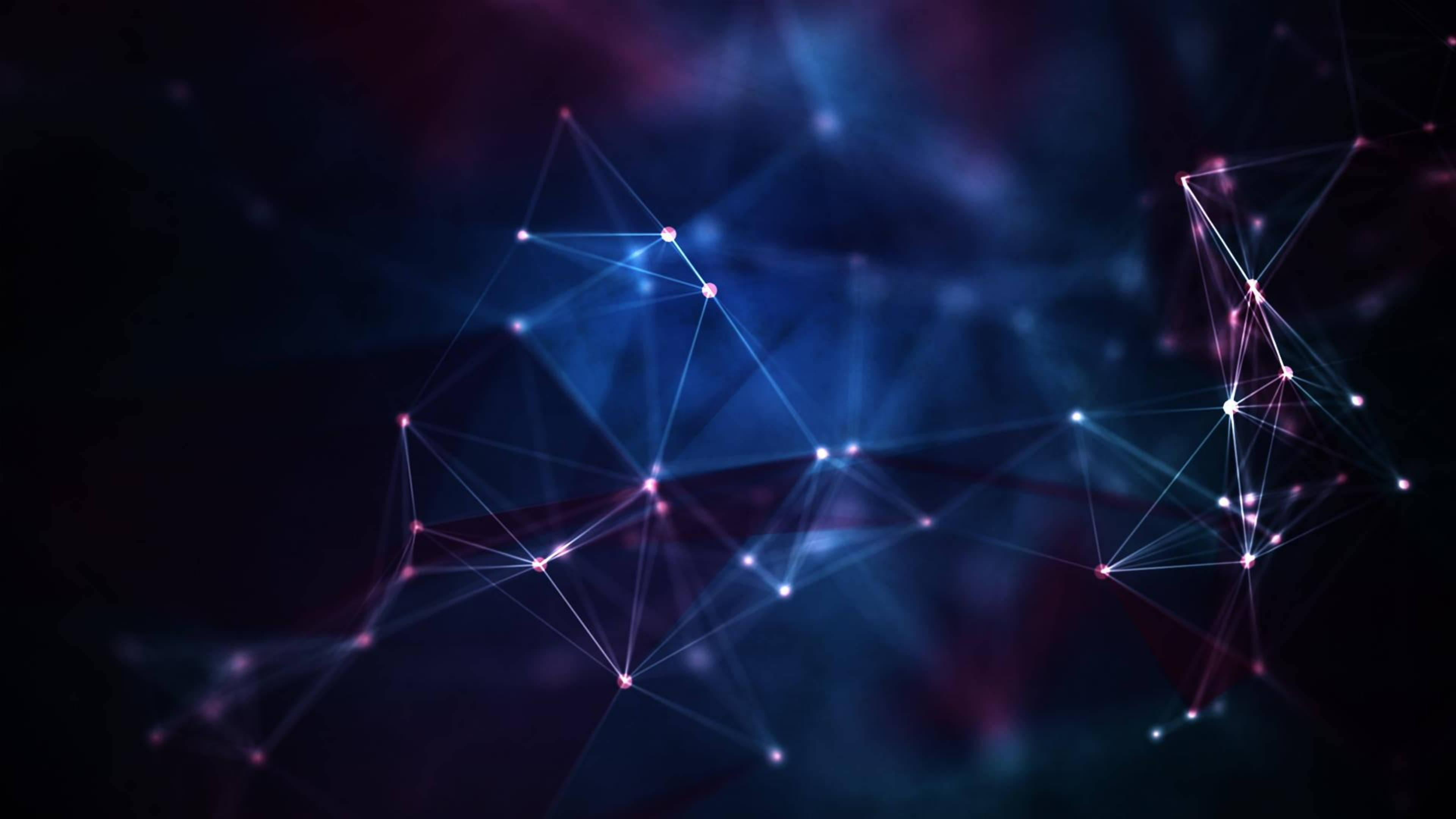 Canva 藍色科幻抽象 壁紙 — 發光的藍色和粉紅色節點由發光線條連接，在黑暗的宇宙背景下形成抽象的幾何圖案。