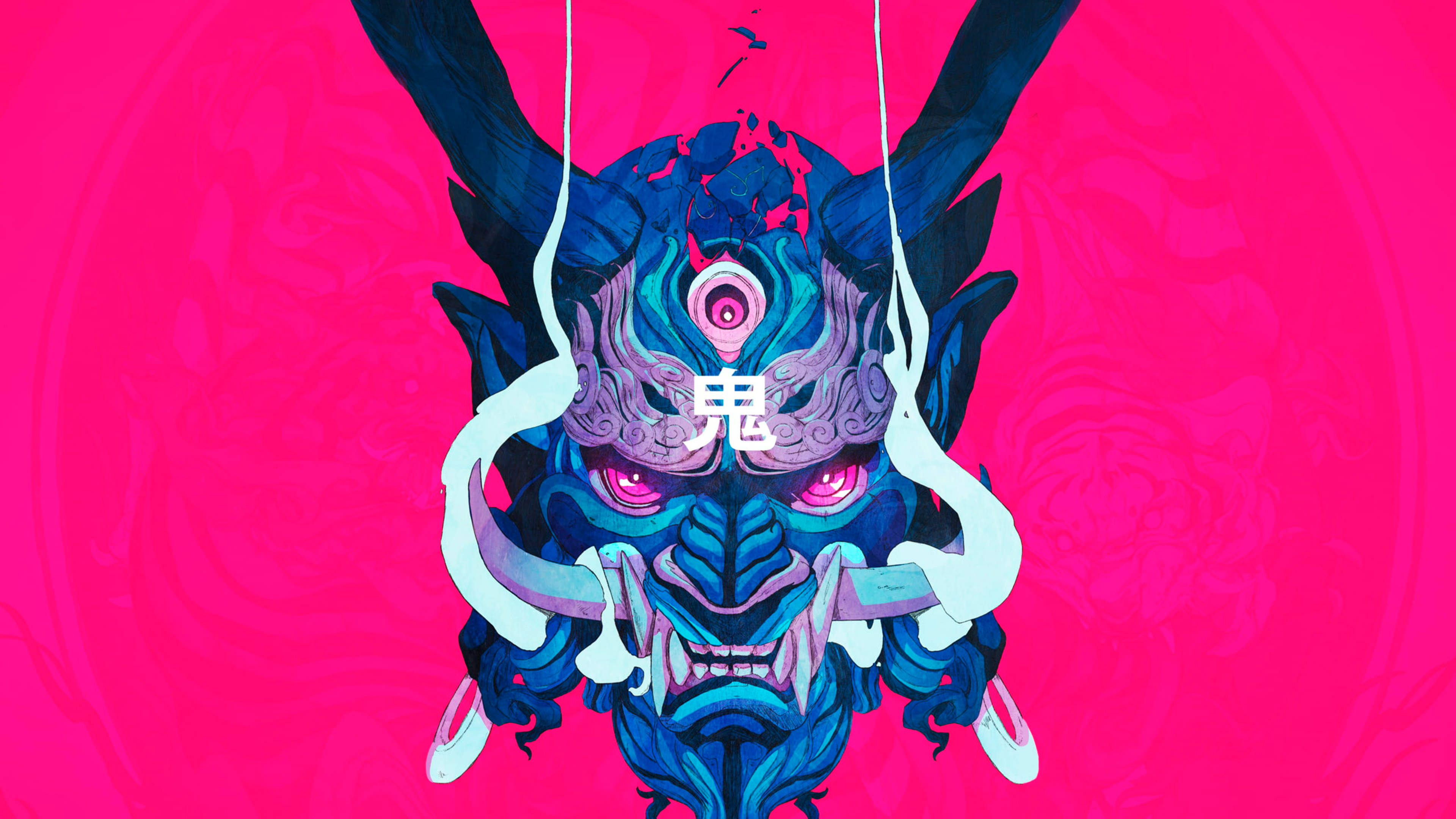 Canva 魔鬼概念粉紅藝術 壁紙 — 一個風格化的藍色鬼面具，帶有發光的粉紅色眼睛，懸掛在帶有漩渦圖案和鬼魂漢字的鮮豔粉紅色背景上。