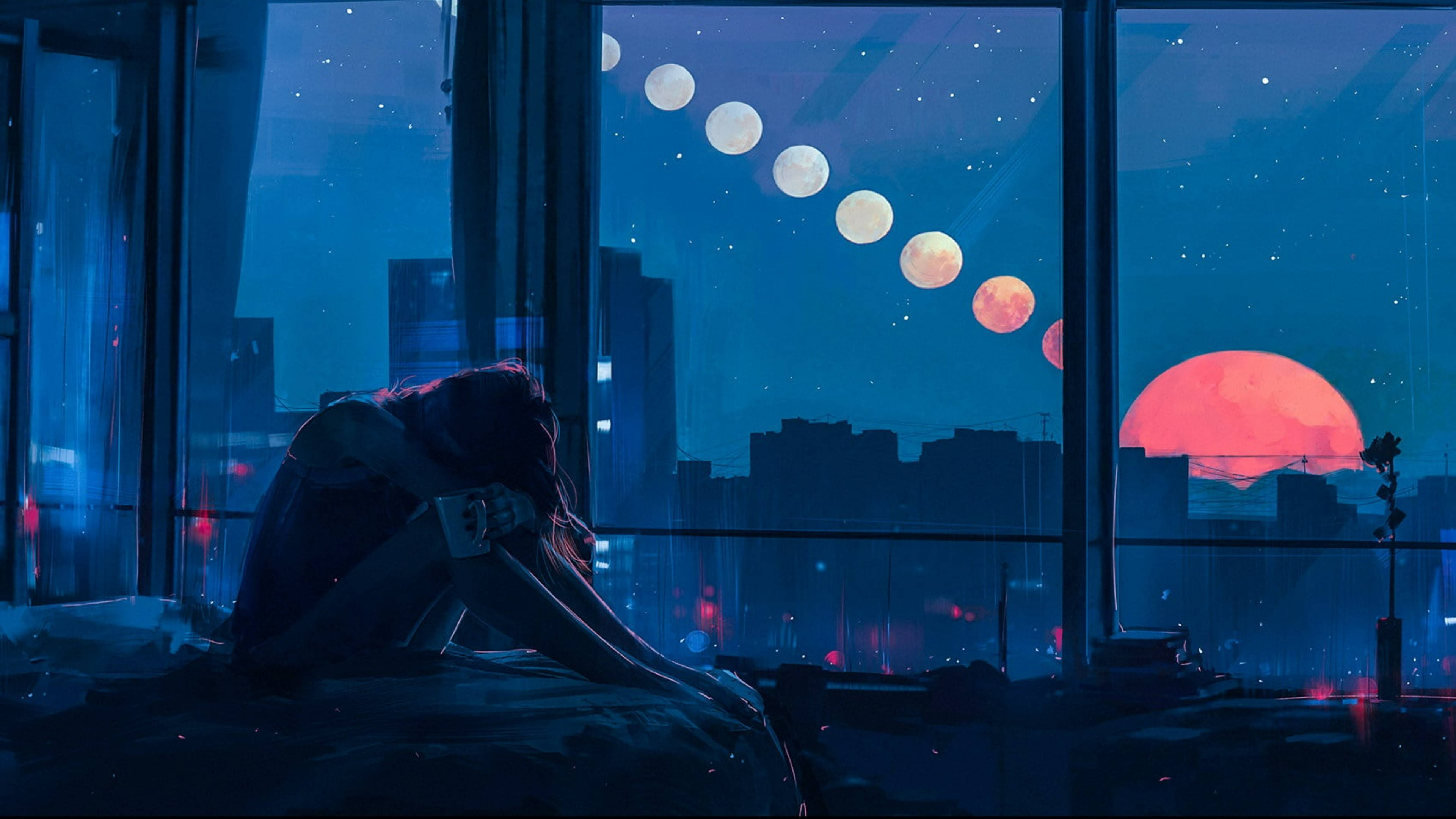 Canva夜色悲傷藝術 壁紙 — 一個孤獨的身影坐在窗邊，凝視著超現實的夜空，紅色的太陽和連串的月亮懸掛在發光的城市景觀之上。
