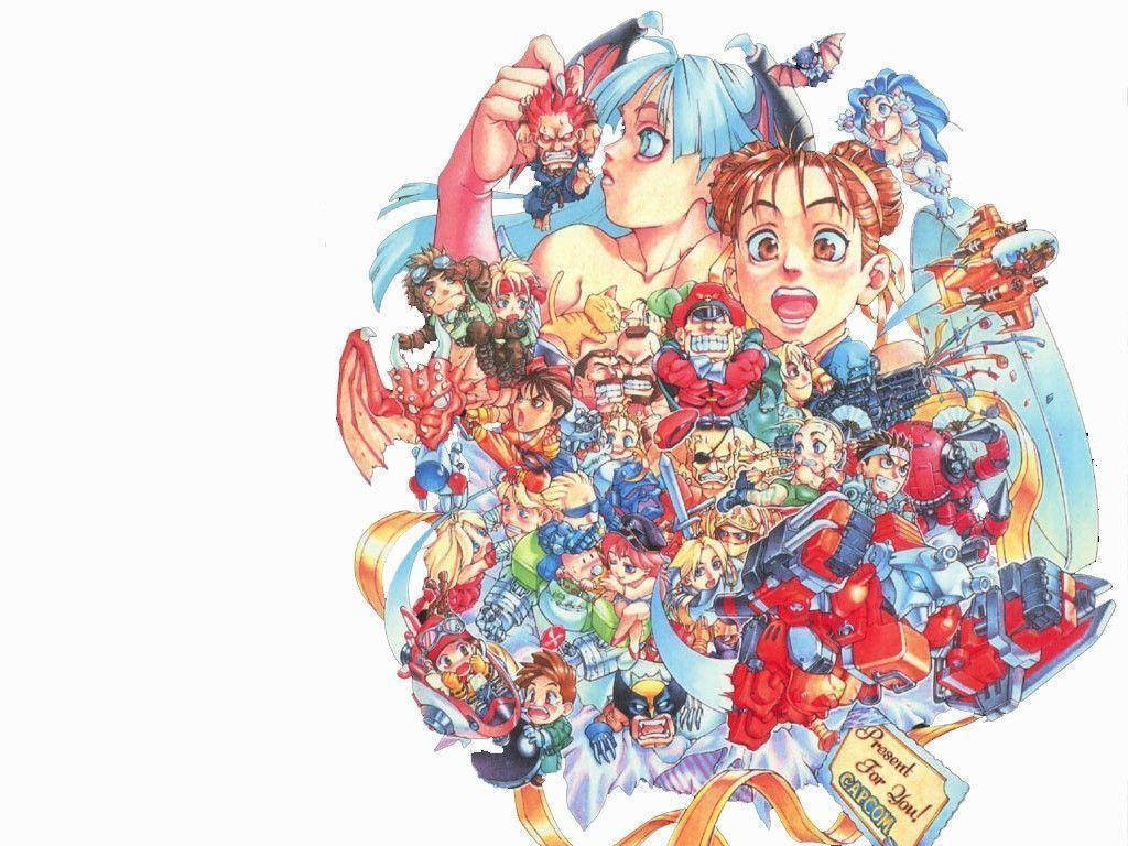 Capcom Circle Collage Art 壁紙 — 一幅充滿活力的動漫風格拼貼畫，以白色背景襯托出各種角色和機甲，姿態動感十足。