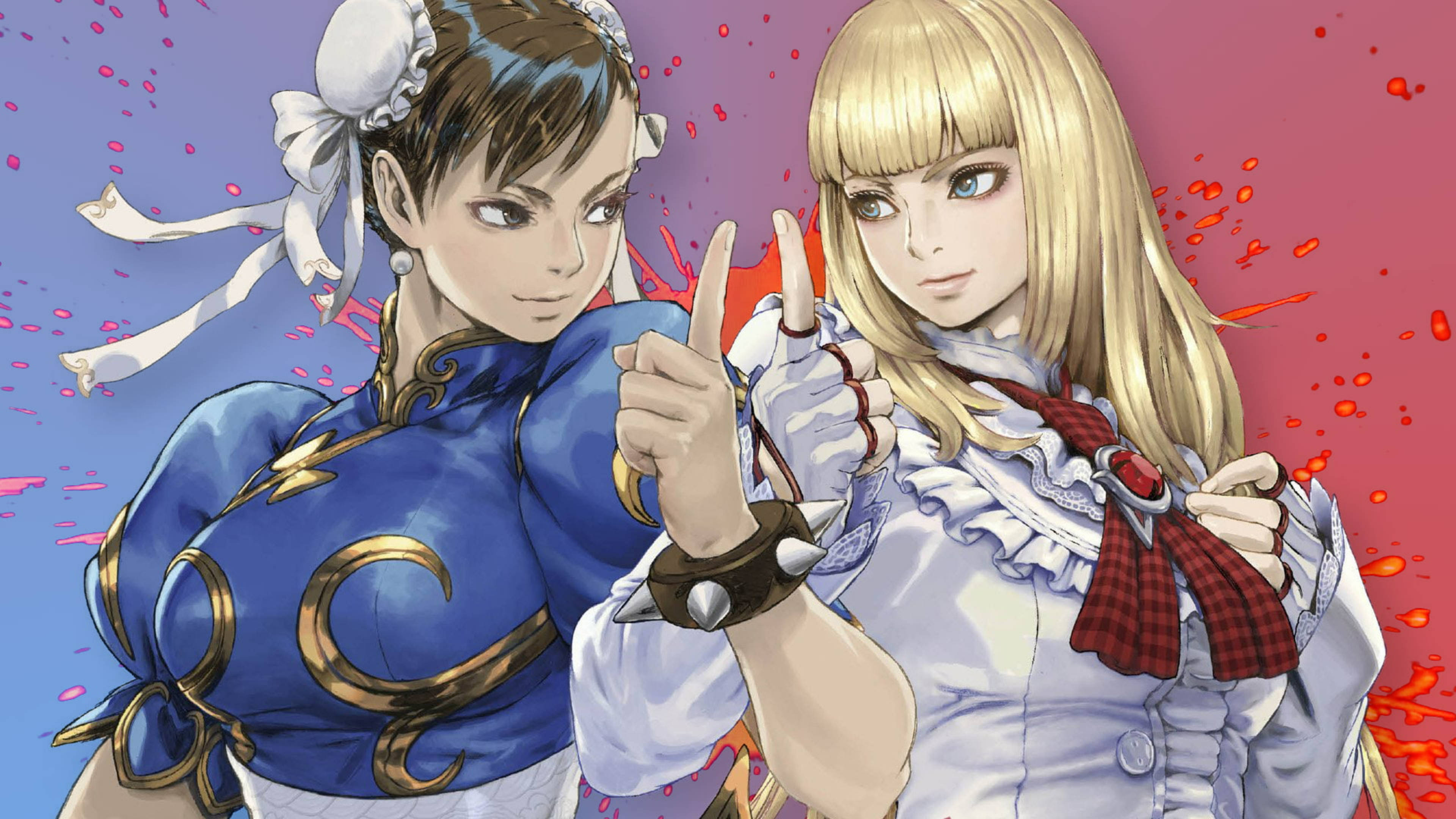 Capcom 春麗與莉莉 壁紙 — 兩個動漫戰士以動態姿勢，帶有油漆飛濺，背景為充滿活力的粉紅色和藍色。