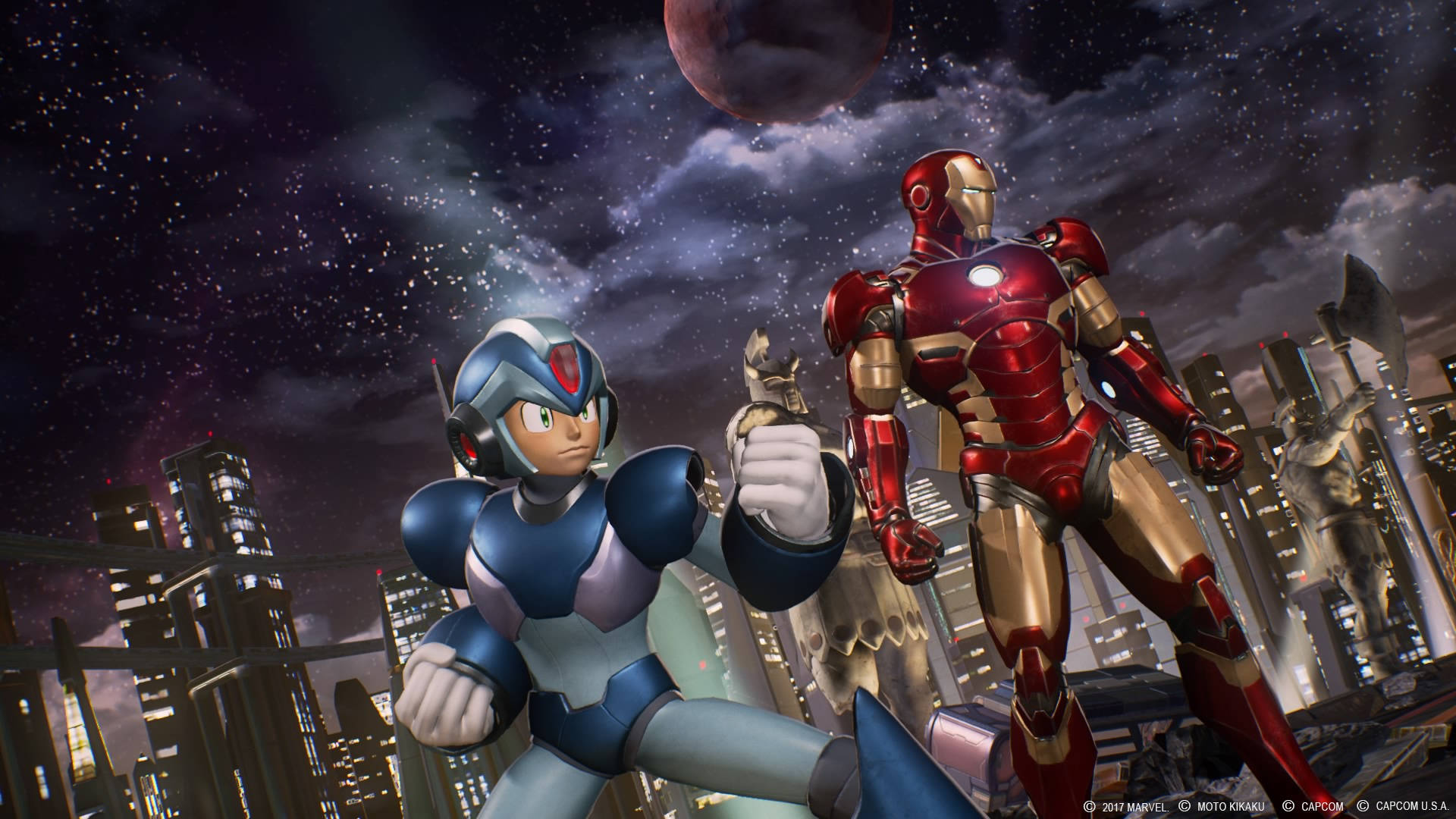 Capcom Mega Man Iron Man 壁紙 — Mega Man 和 Iron Man 在繁星點點的夜空下，以英雄姿態站在未來城市景觀之上，周圍是發光的摩天大樓。