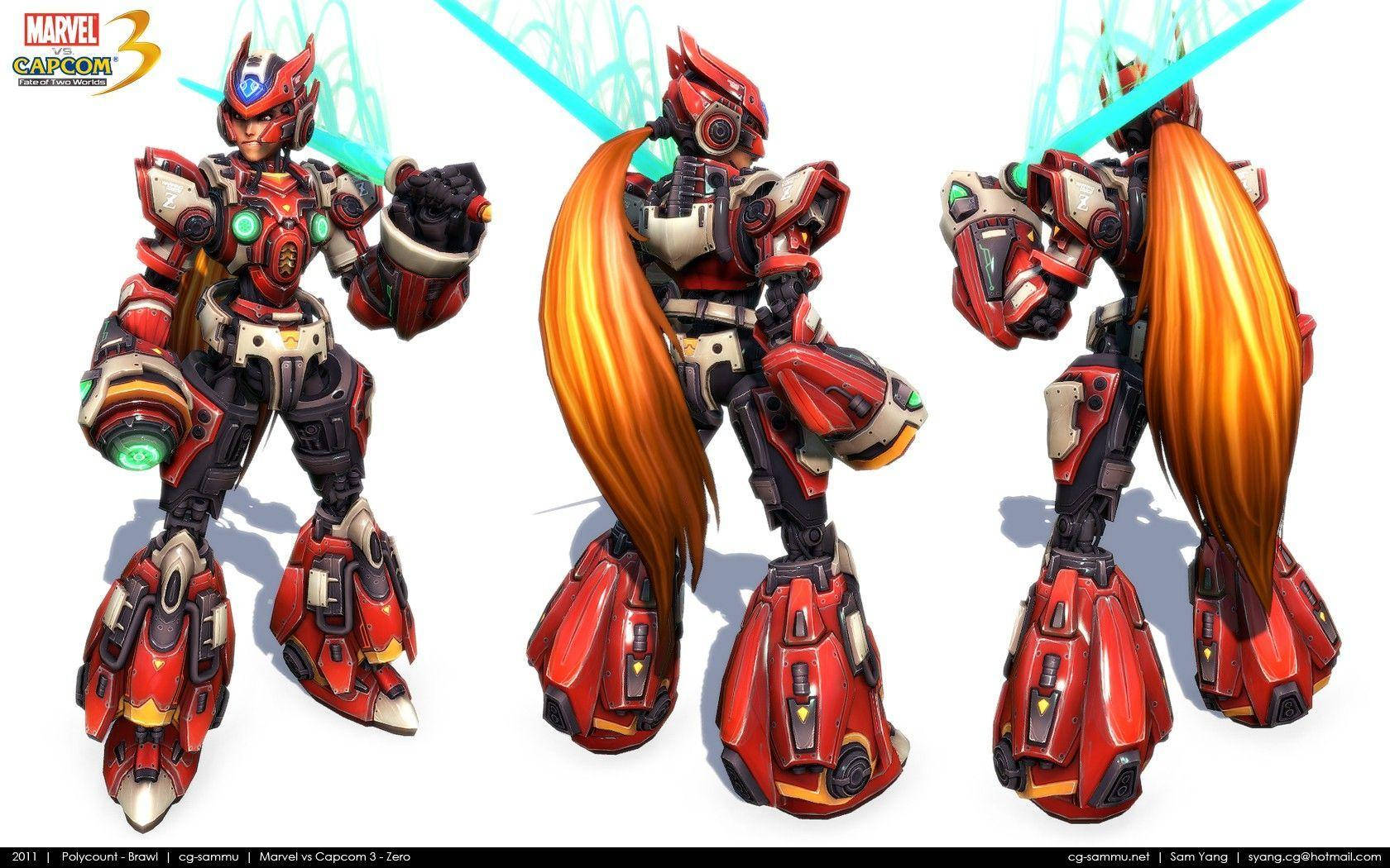 Capcom Mega Man Zero 壁紙 — 一個紅色裝甲的Marvel vs Capcom 3角色，長長橙色頭髮，在三個動態姿勢中揮舞著發光的藍色劍。