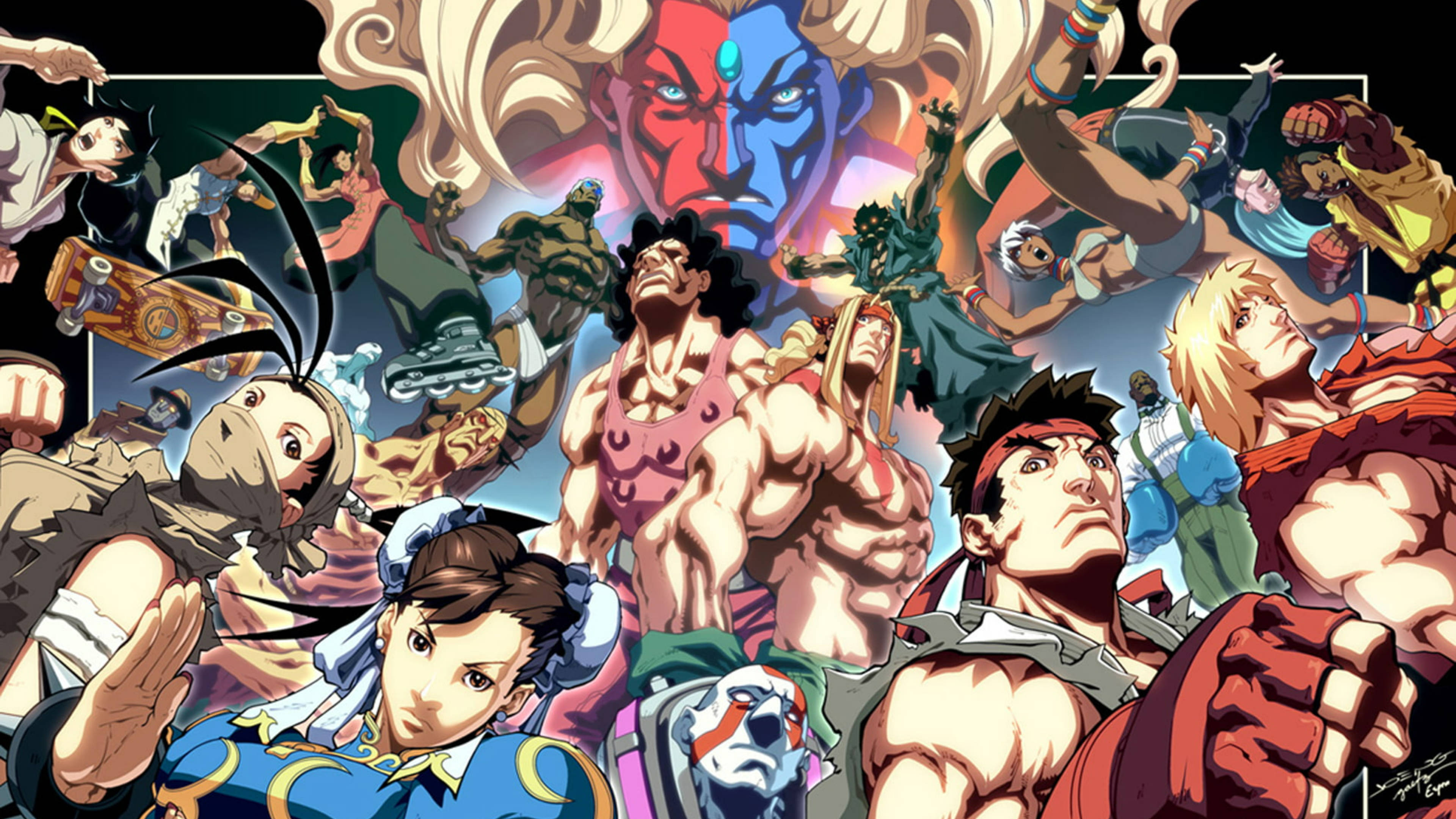 Capcom《街頭霸王》海報 壁紙 — 充滿活力的動漫風格拼貼畫，描繪肌肉發達的戰士們擺出激烈動作姿勢，表情強烈，色彩鮮豔。