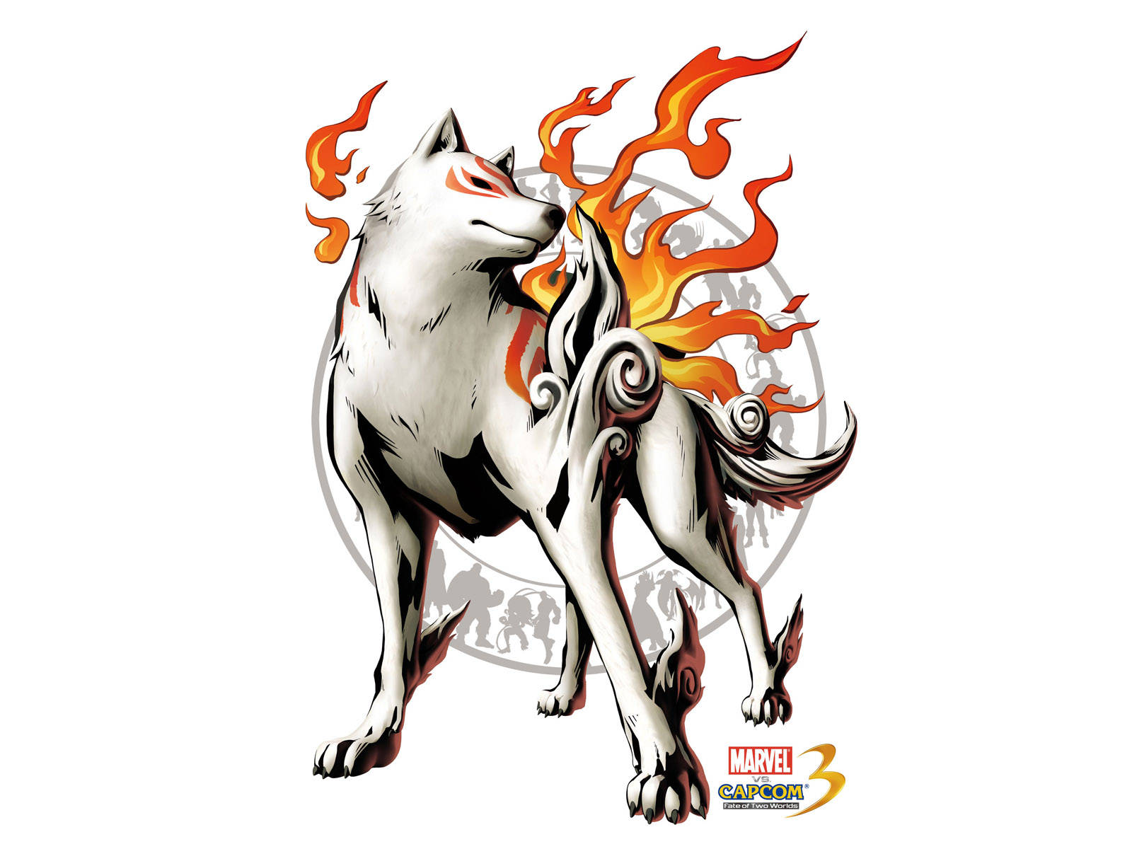 Capcom Ōkami Amaterasu 壁紙 — 一隻風格化的白狼，背部和尾巴噴出熾熱的橙色火焰，站在一個帶有剪影人物的圓形標誌前。