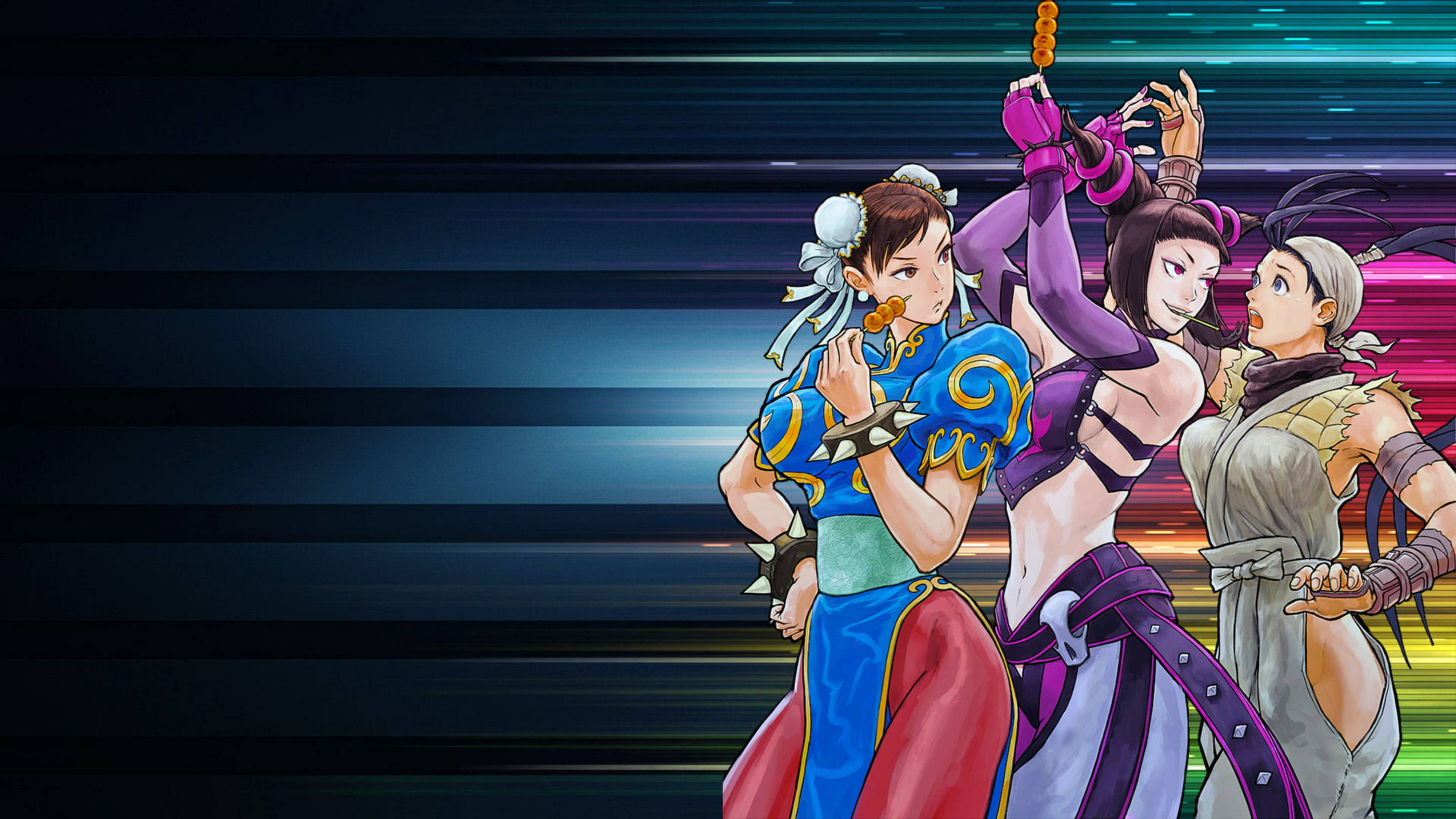 Capcom 女性街頭格鬥家 壁紙 — 三位動漫風格的女戰士在霓虹燈光下的動態模糊背景前擺出動感姿勢。