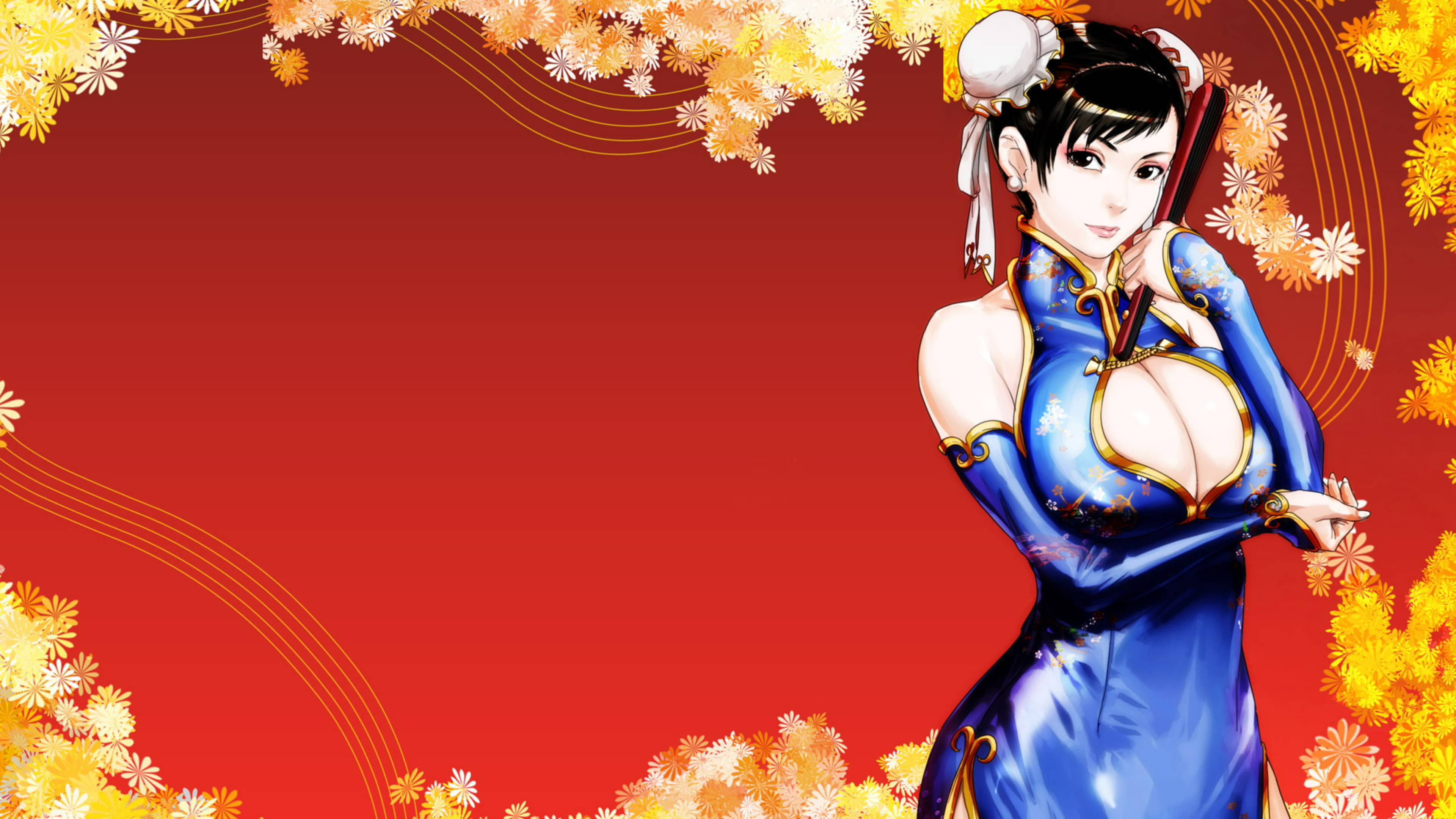Capcom 春麗花卉邊框 壁紙 — 動漫風格女性身穿藍色金邊旗袍，自信地站在紅色背景前，周圍環繞著黃色花朵。