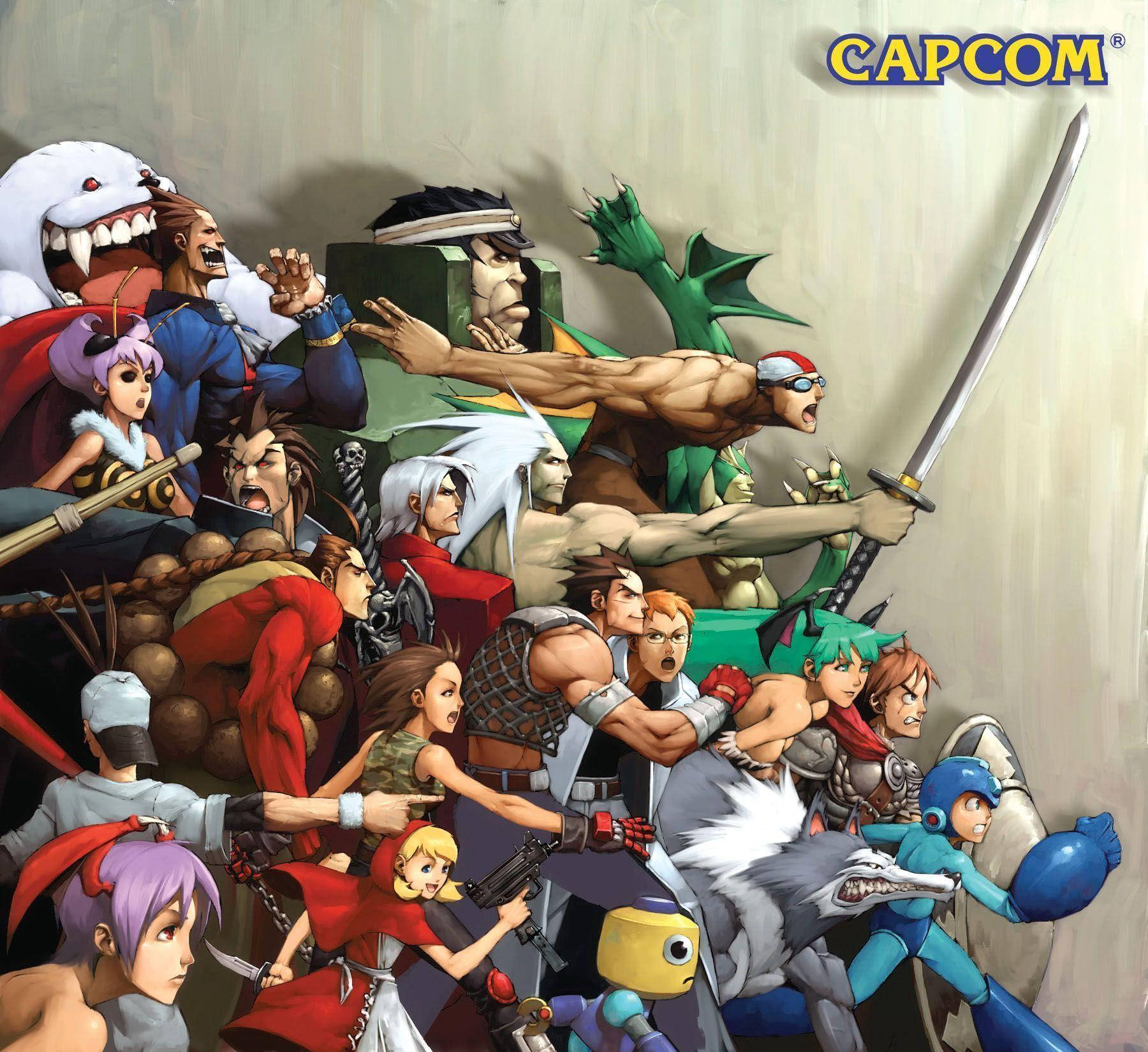 Capcom Characters Side View 壁紙 — Capcom 經典電玩角色在混亂、充滿動作的群體姿勢中的動態插圖。