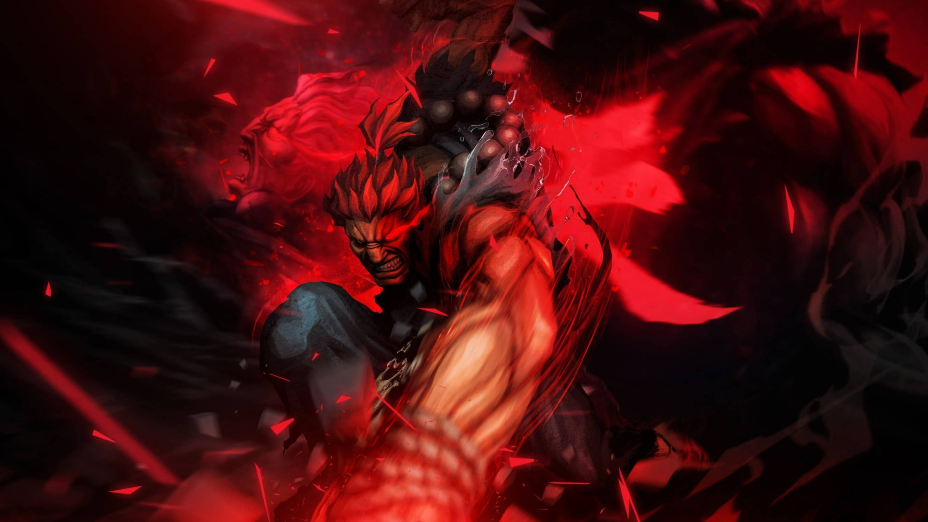 Capcom《街頭霸王》阿庫瑪 壁紙 — 一個肌肉發達的動漫戰士，紅髮發光的眼睛，在黑暗破碎的環境中釋放出強大的紅色能量攻擊。