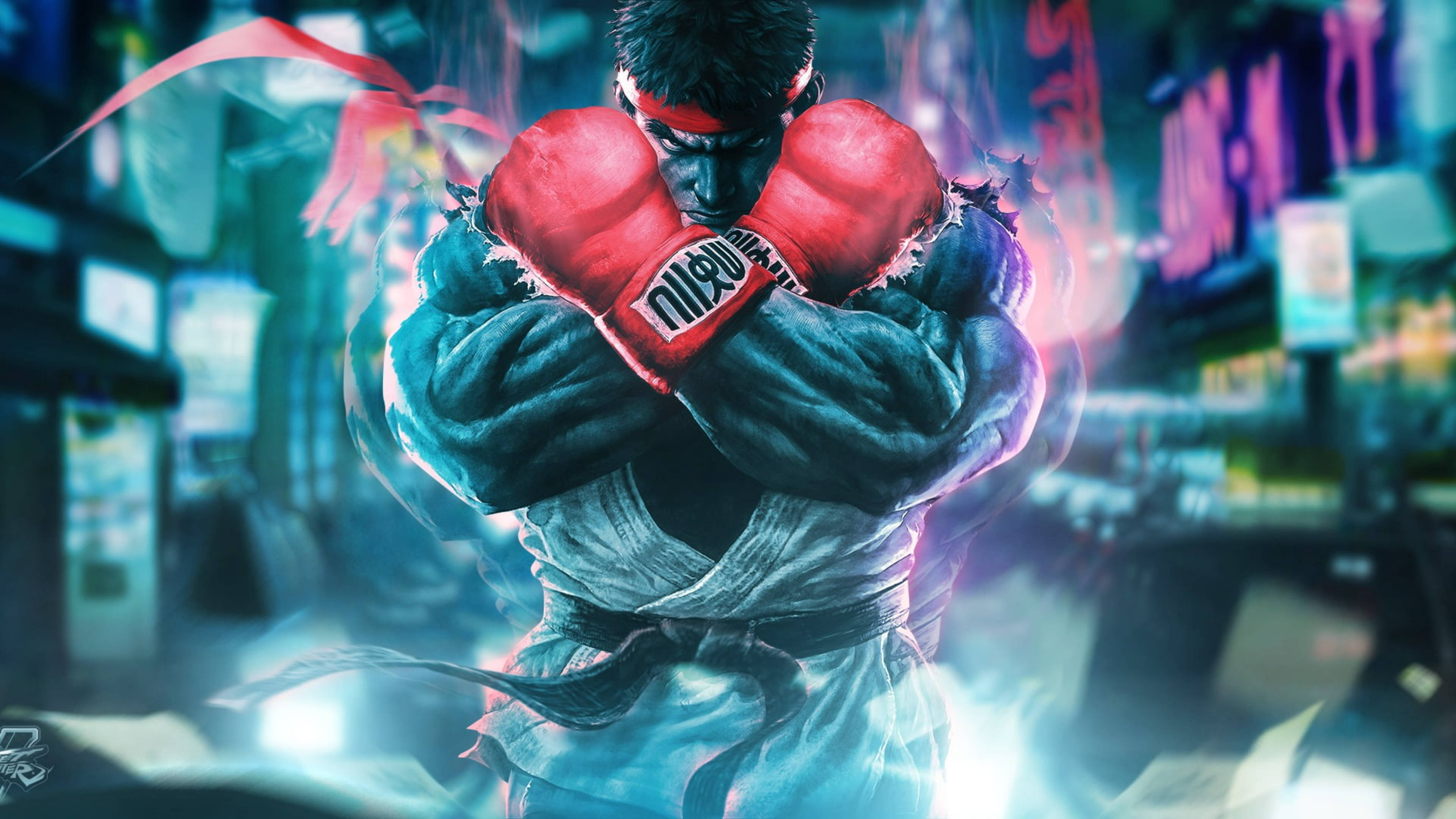 Capcom《街頭霸王5》 Ryu 壁紙 — 一個肌肉發達的戰士，戴著紅色手套，穿著白色道服，準備在霓虹燈照亮的小巷中，散發著電藍色和粉紅色的光芒。